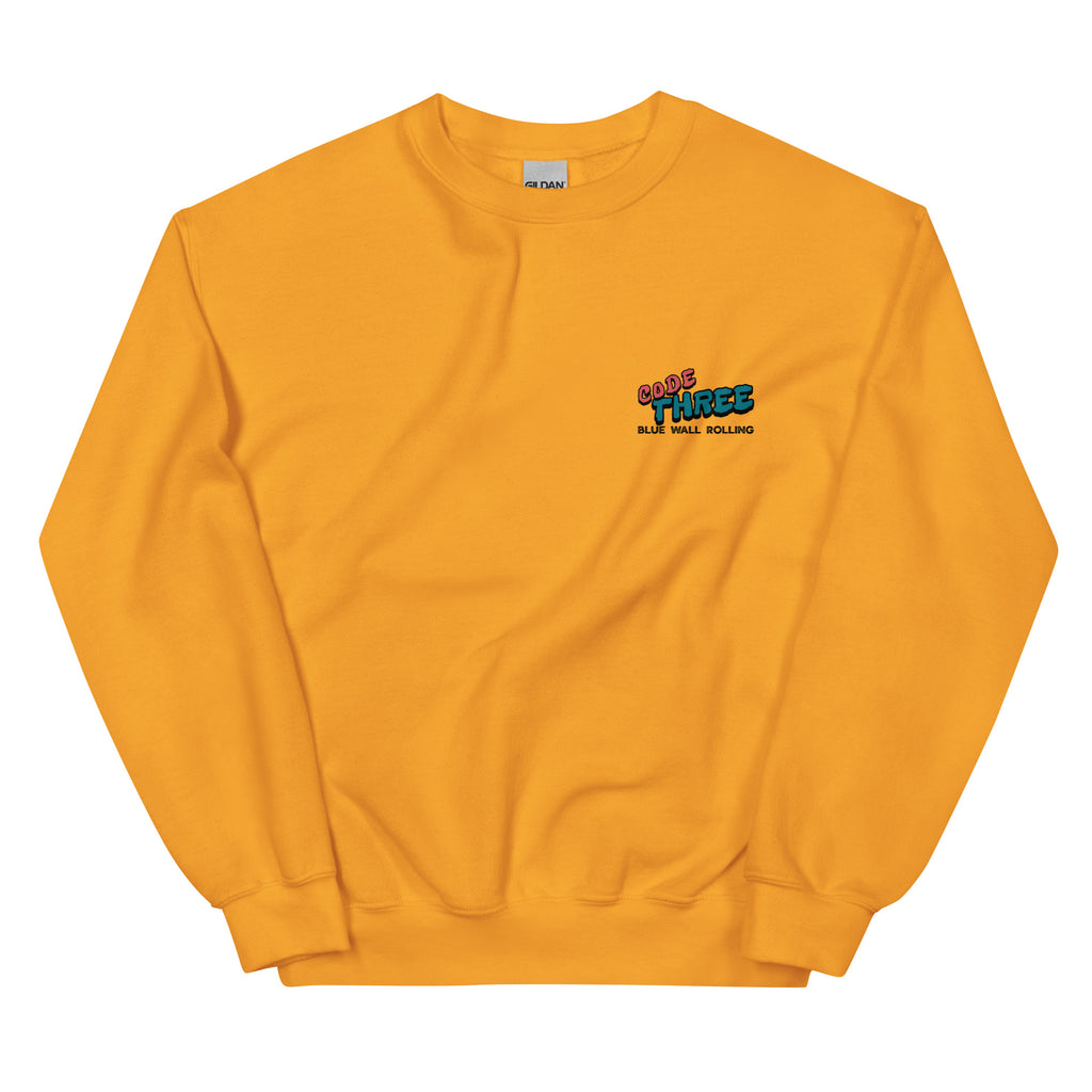Yellow sweatshirt with a logo on the chest against a white background
