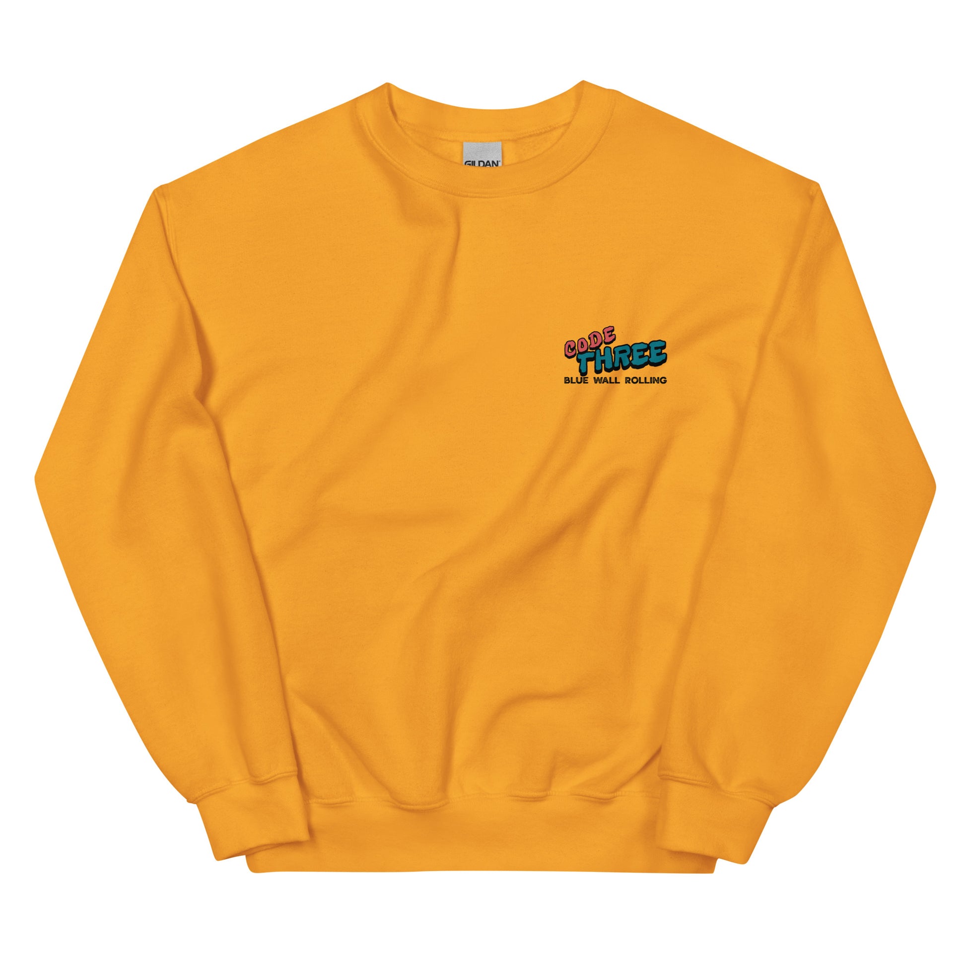 Yellow sweatshirt with a logo on the chest against a white background