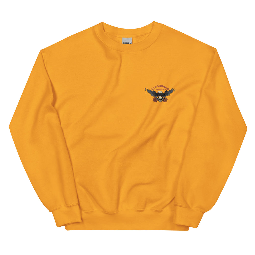 Yellow sweatshirt with a logo on the chest against a white background