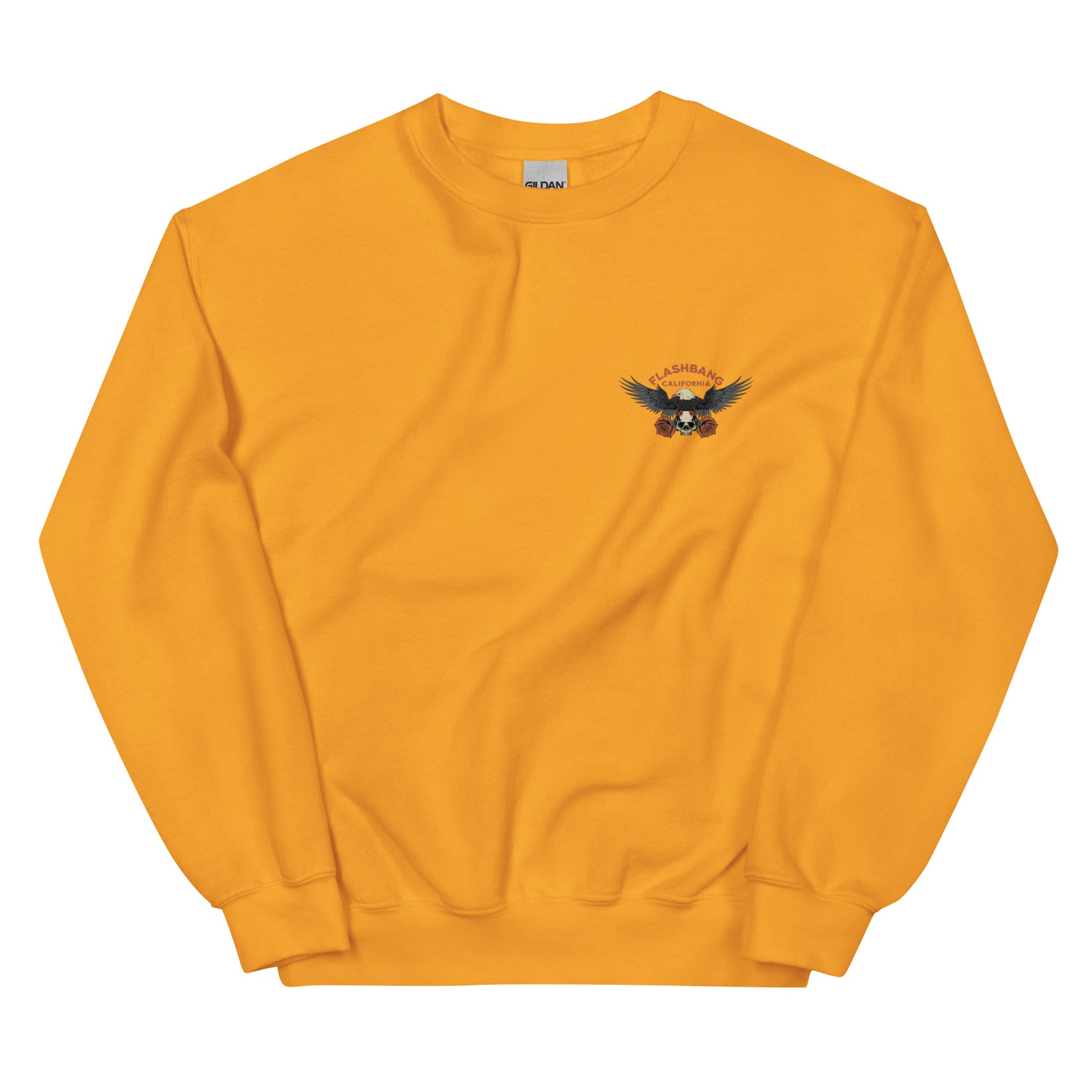Yellow sweatshirt with a logo on the chest against a white background