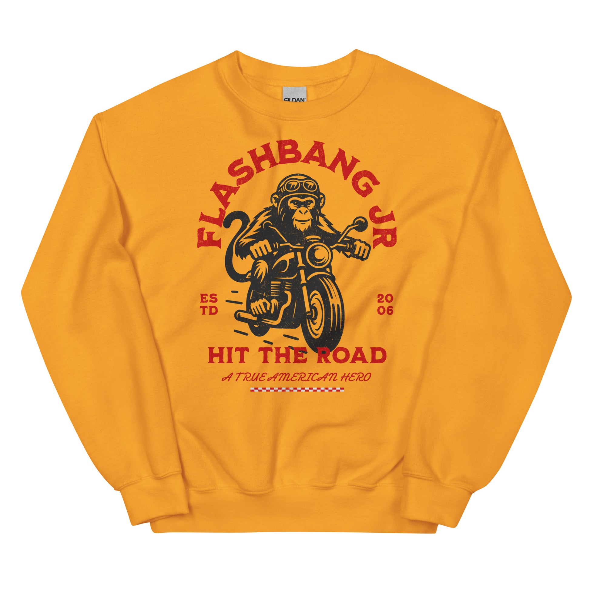 Yellow sweatshirt with monkey on a motorcycle graphic and text on a white background