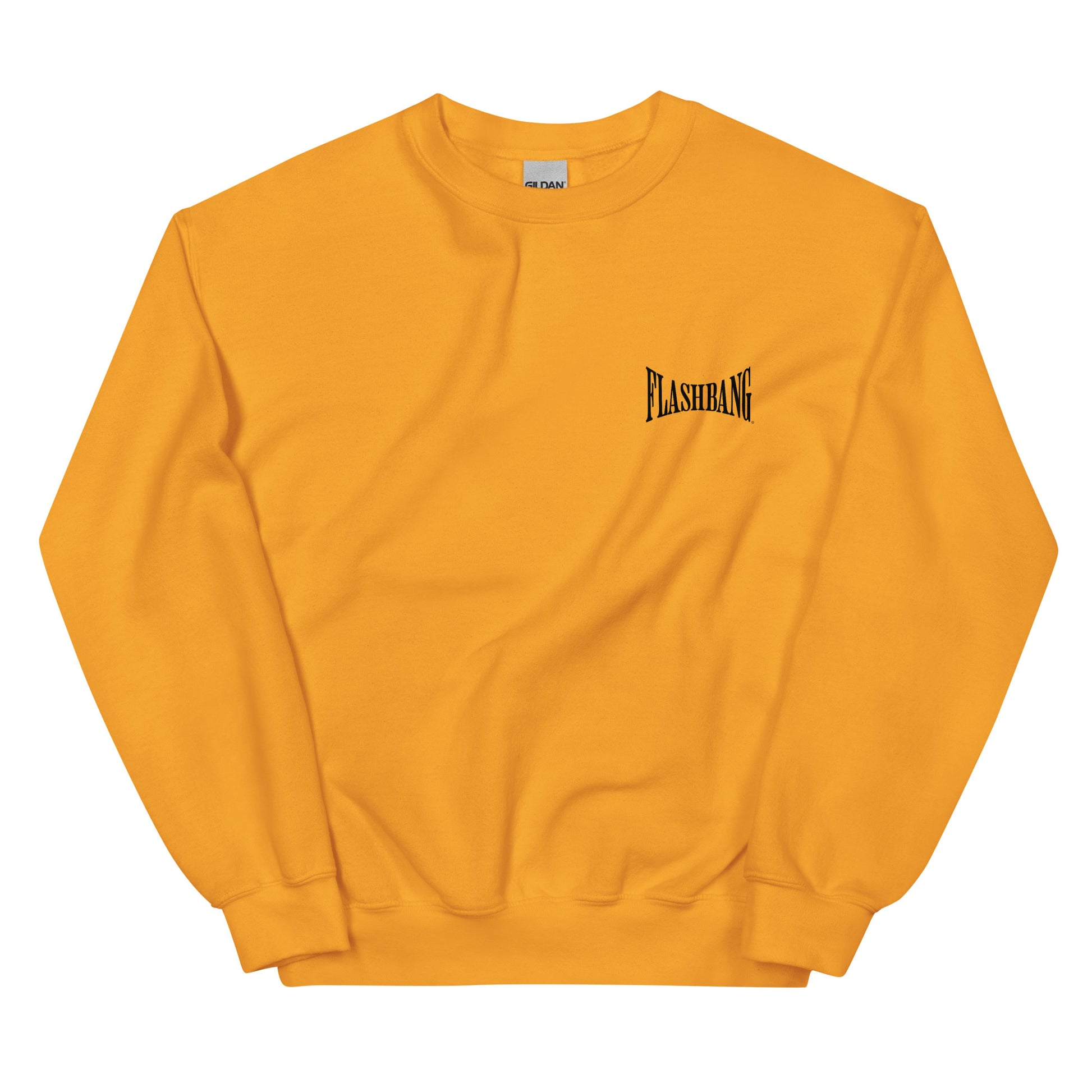 Yellow sweatshirt with 'FLASHBANG' logo on a white background