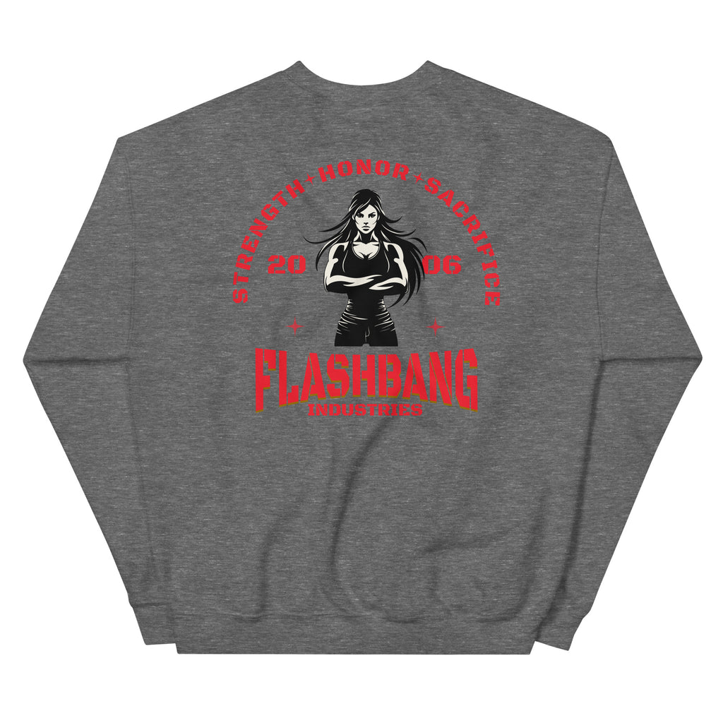 Gray sweatshirt with a graphic design on the back featuring a woman and text, on a white background.