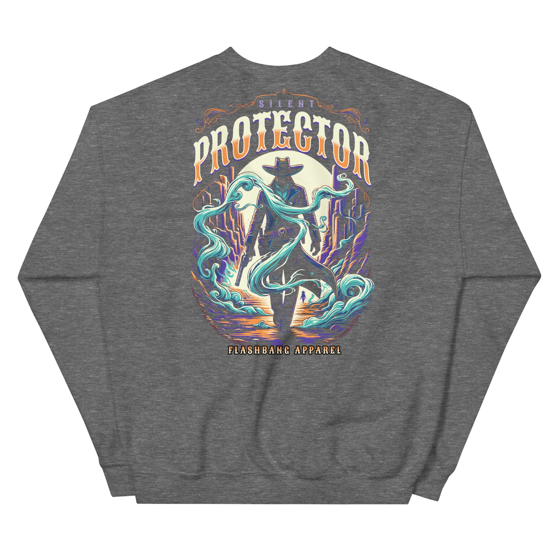 Gray sweatshirt with a colorful graphic design on the back featuring the word 'Protector' and a silhouette of a person on horseback.