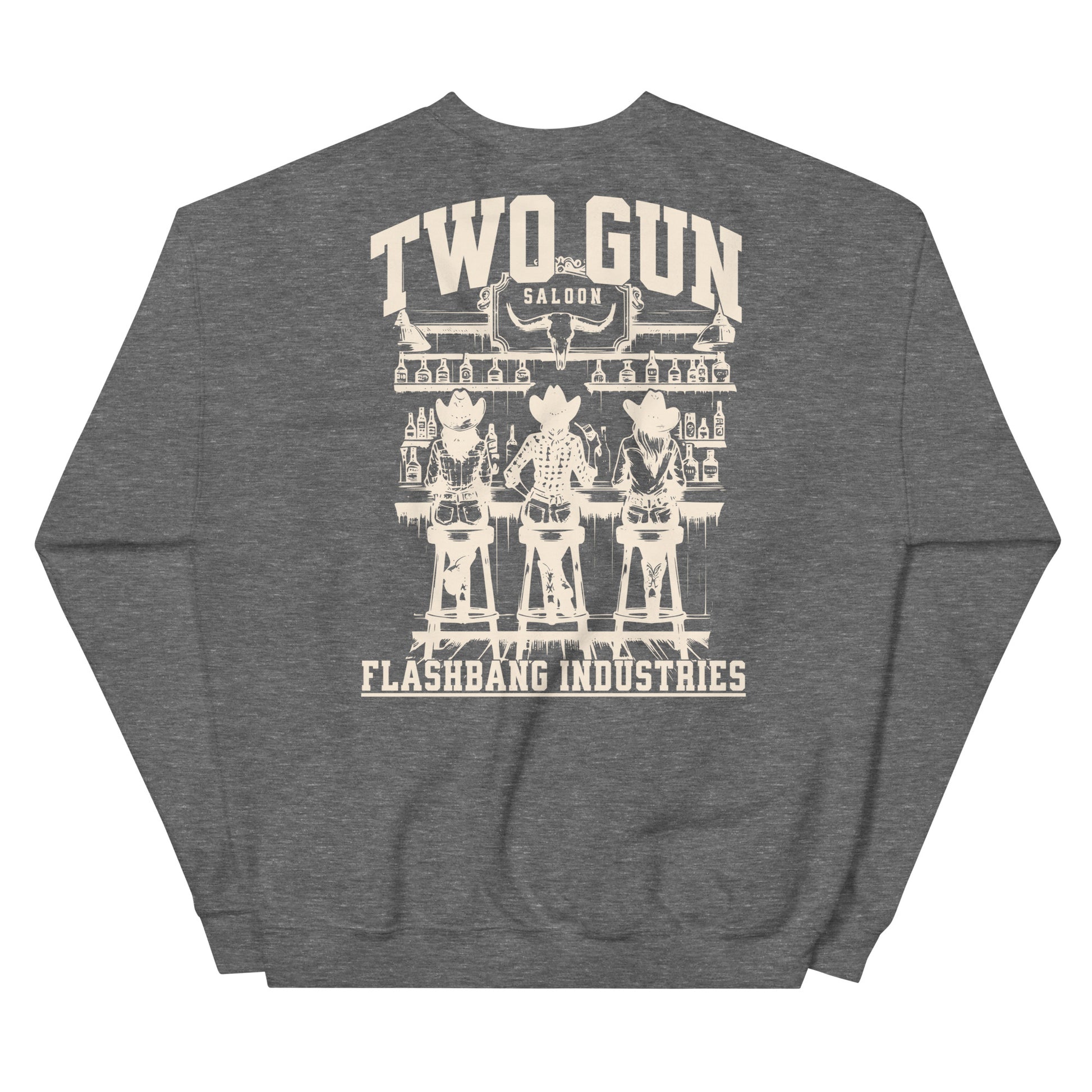 Gray sweatshirt with 'Two Gun Saloon' graphic and 'Flashbang Industries' text on a white background