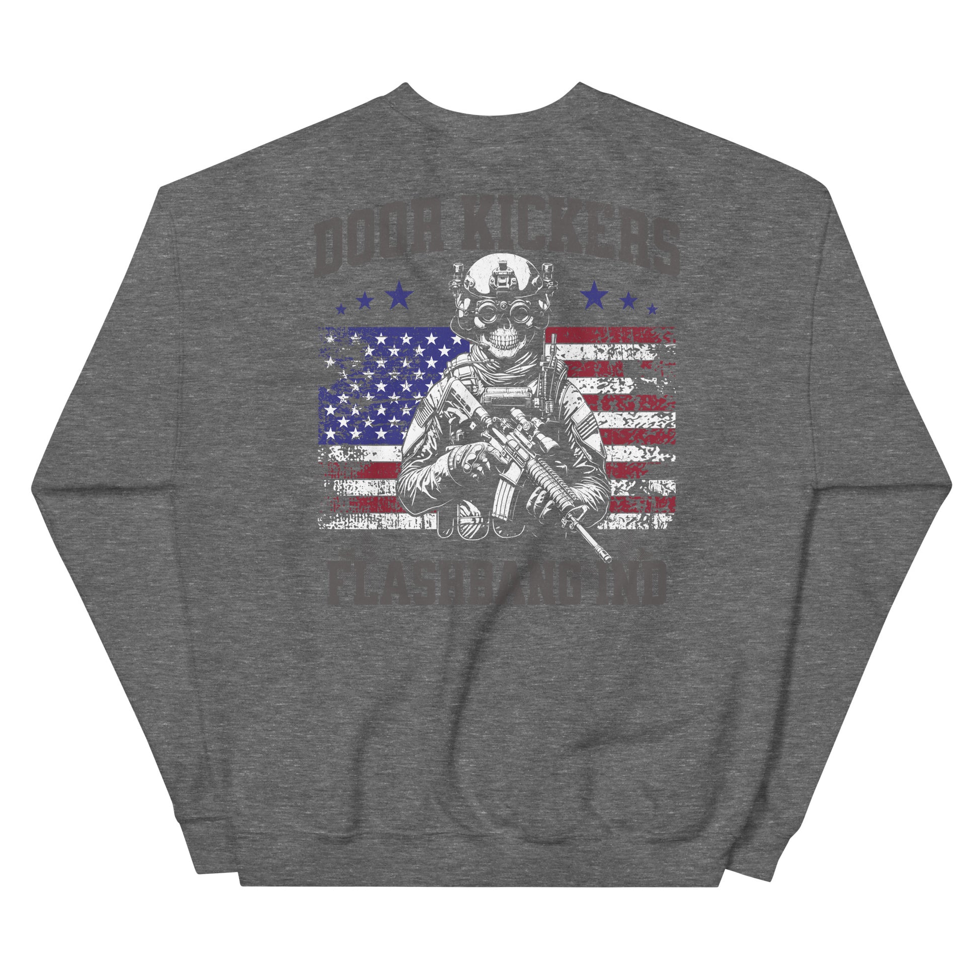 Gray sweatshirt with a graphic design of a skeleton holding an American flag and the text 'Doo Wop' on the back.