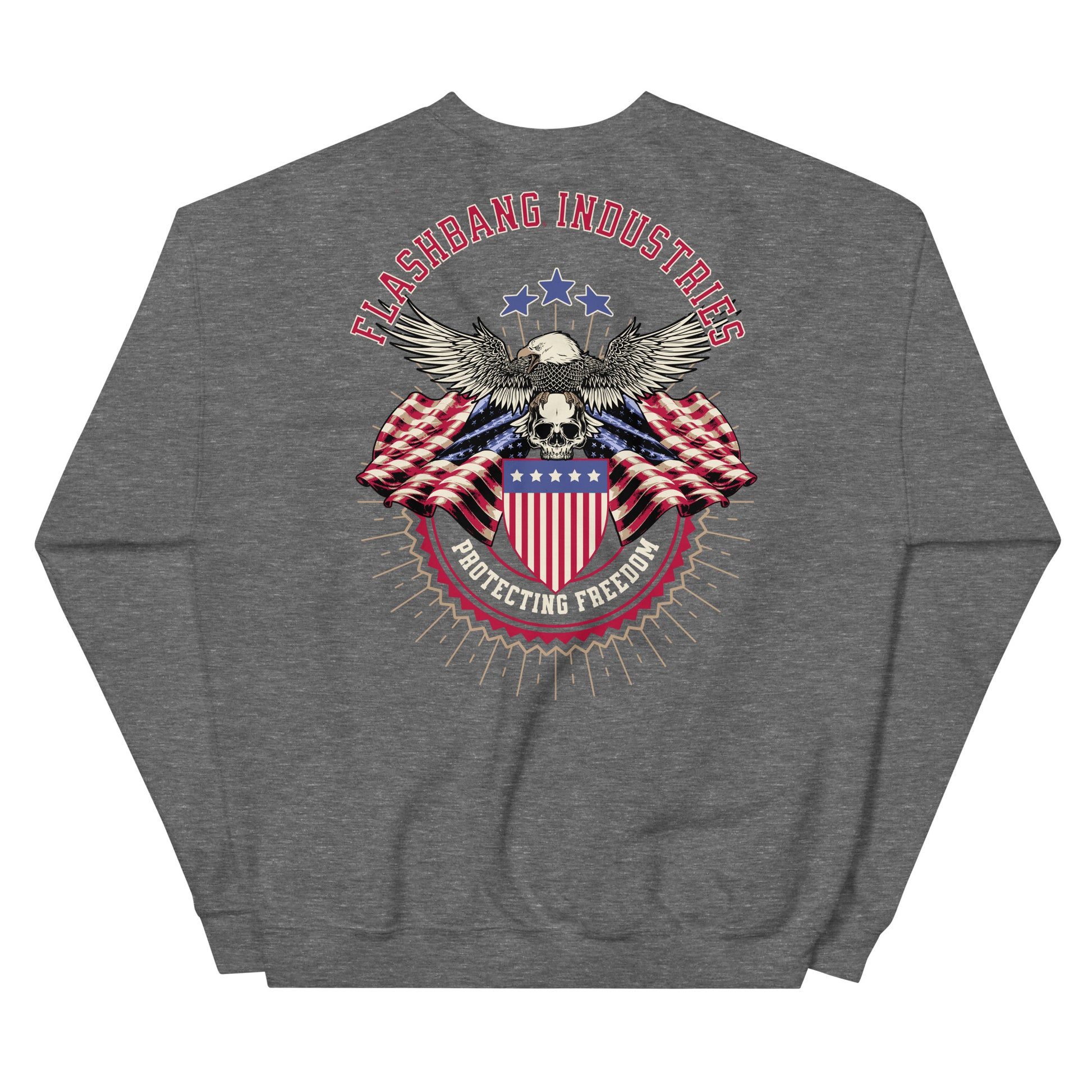 Gray sweatshirt with an eagle and American flag design on the back, featuring the brand 'Flashbang Industries'.