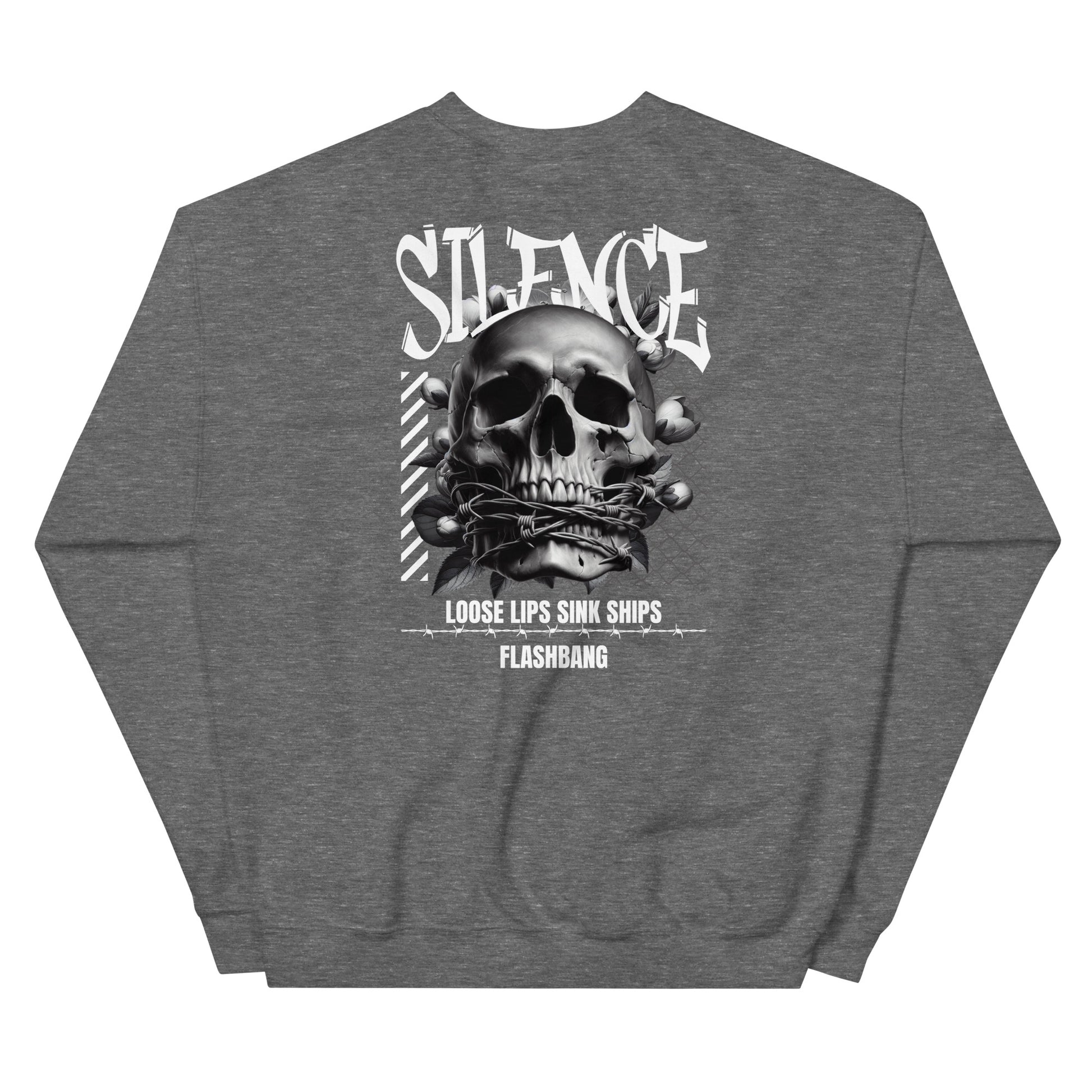 Gray sweatshirt with a skull graphic and text on the back, on a white background