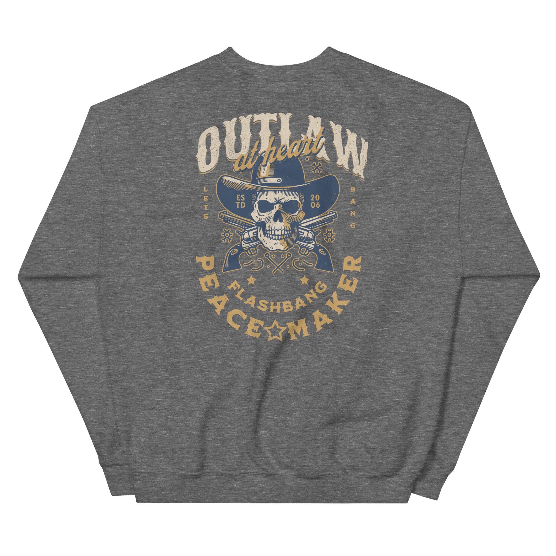 Gray sweatshirt with a graphic design on the back featuring text and a skull wearing a cowboy hat.