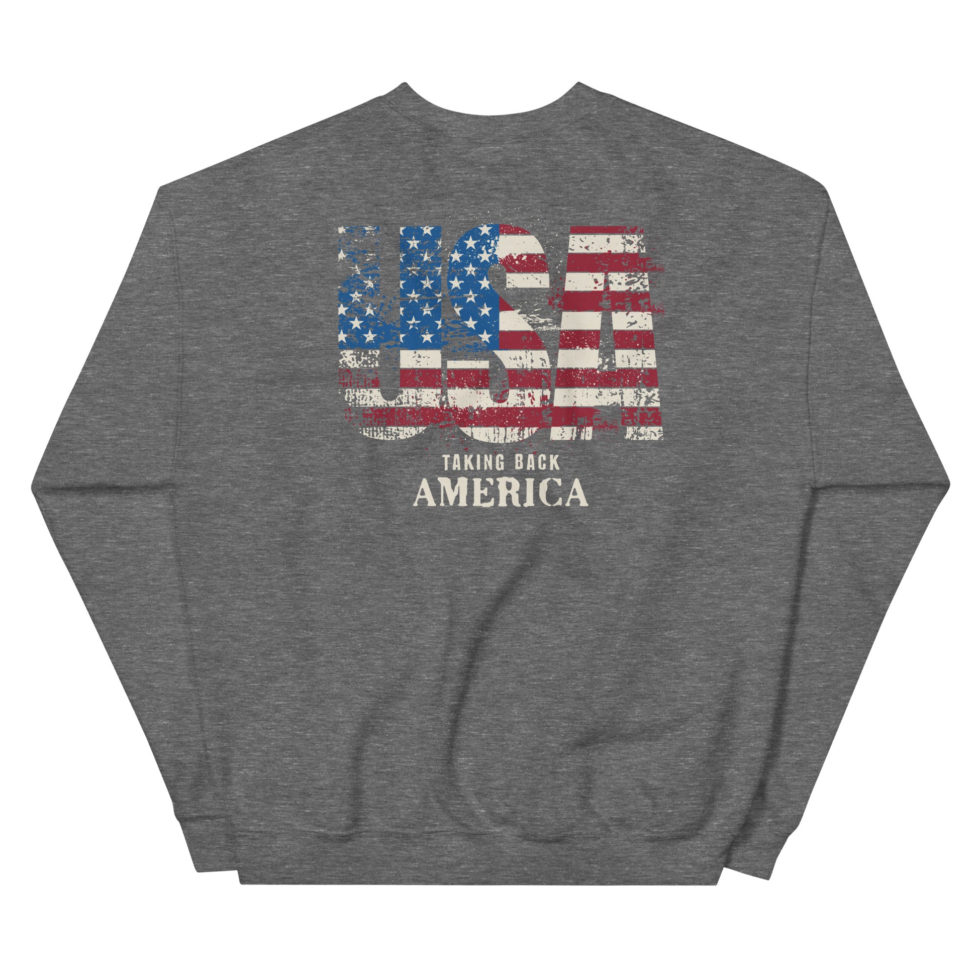 Gray sweatshirt with American flag design and text on a white background