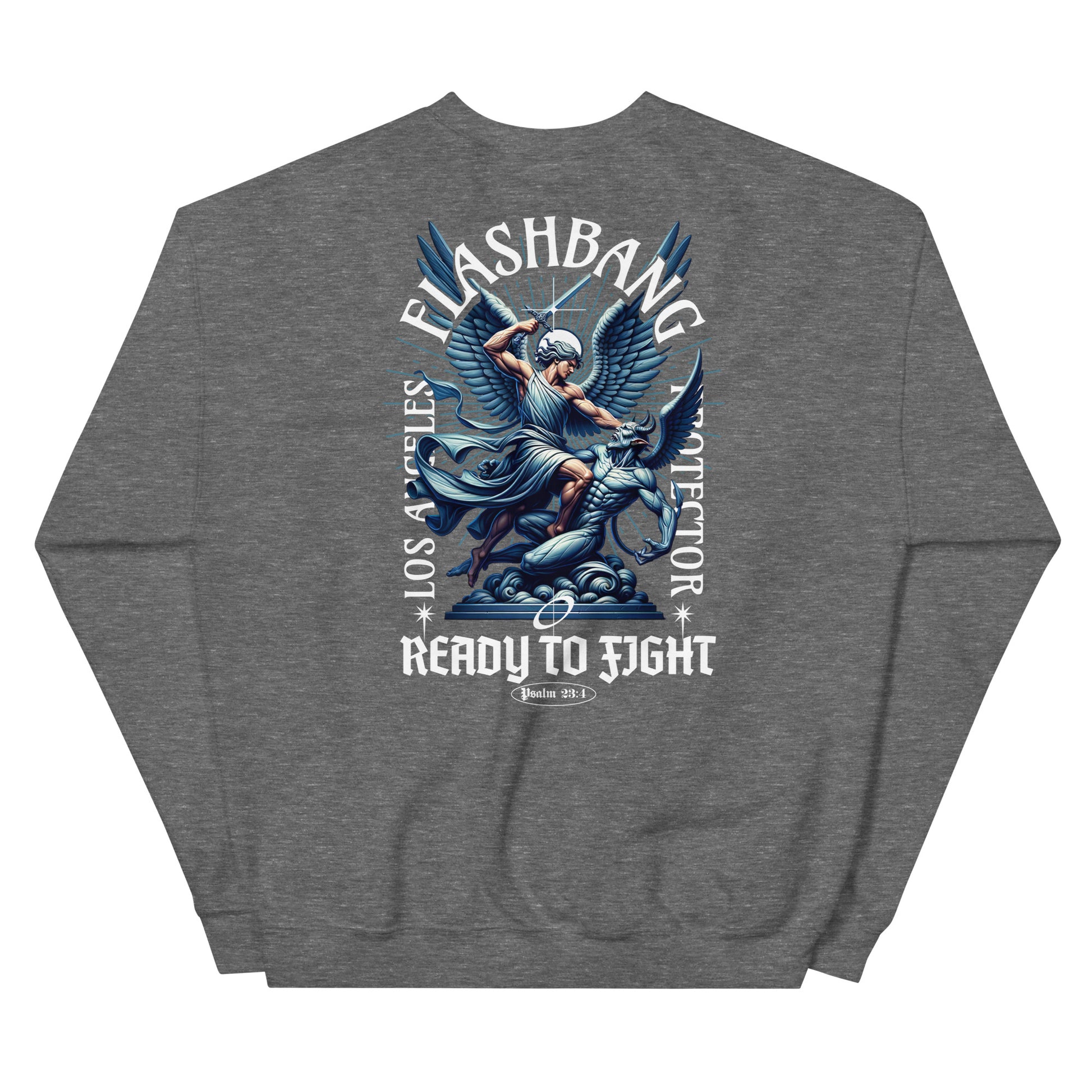 Gray sweatshirt with a graphic design on the back featuring an angel and text.