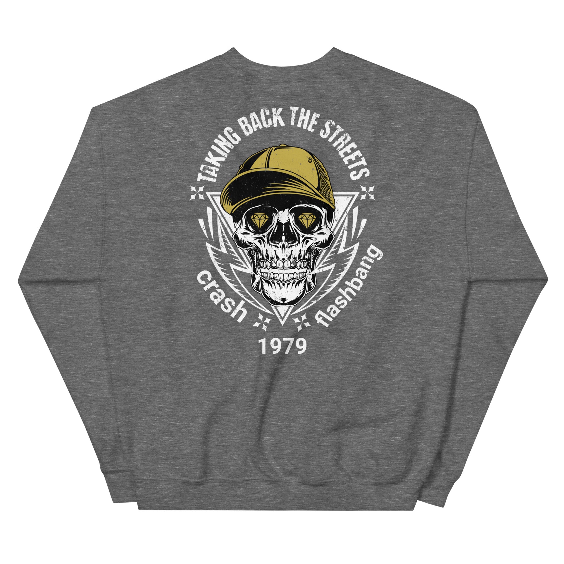 Gray sweatshirt with a skull design and text on the back, displayed on a white background.