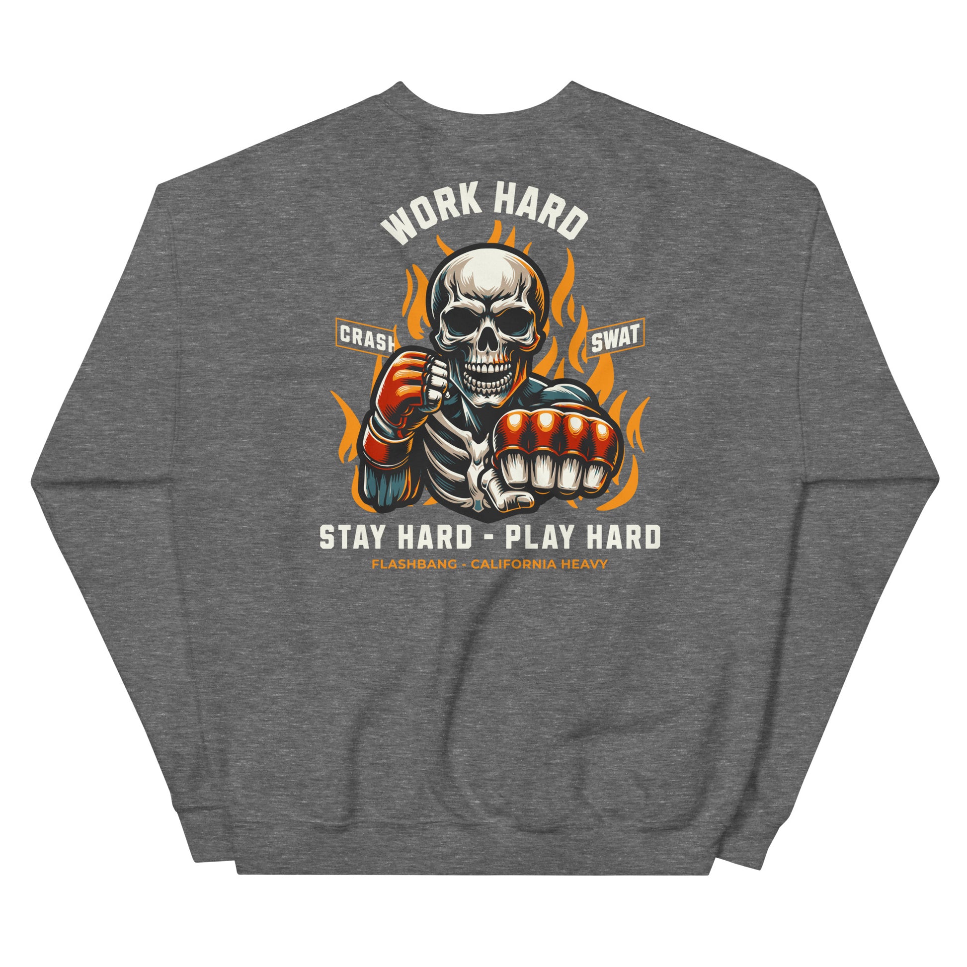 Gray sweatshirt with a skeleton holding拳击手套and motivational text on the back