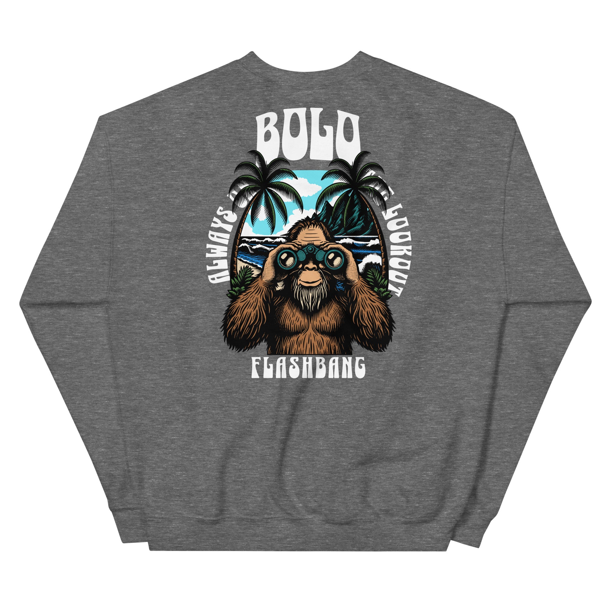Gray sweatshirt with a graphic of a bear wearing binoculars and palm trees, with text on the back.