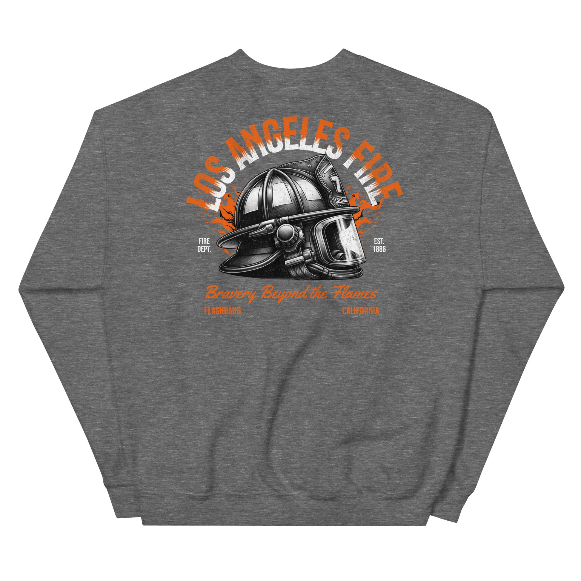 Gray sweatshirt with a fire helmet graphic and 'Los Angeles Fire' text on a white background