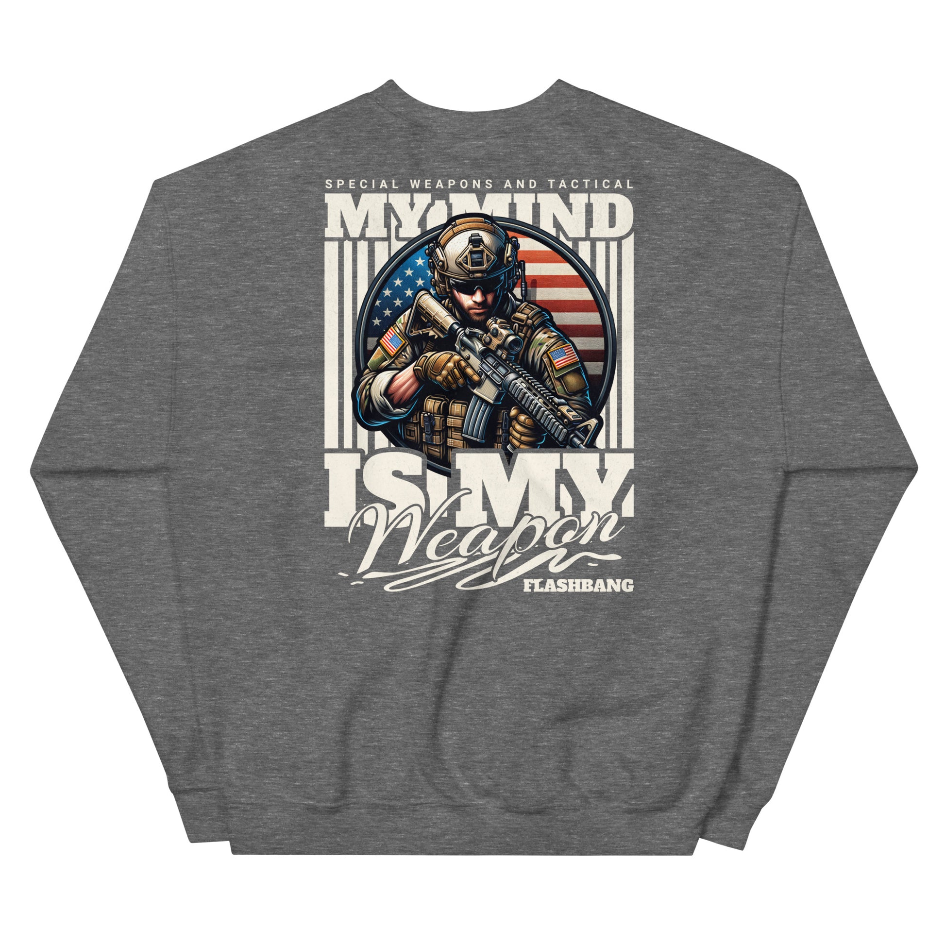 Gray sweatshirt with a graphic design on the back featuring a soldier and text.