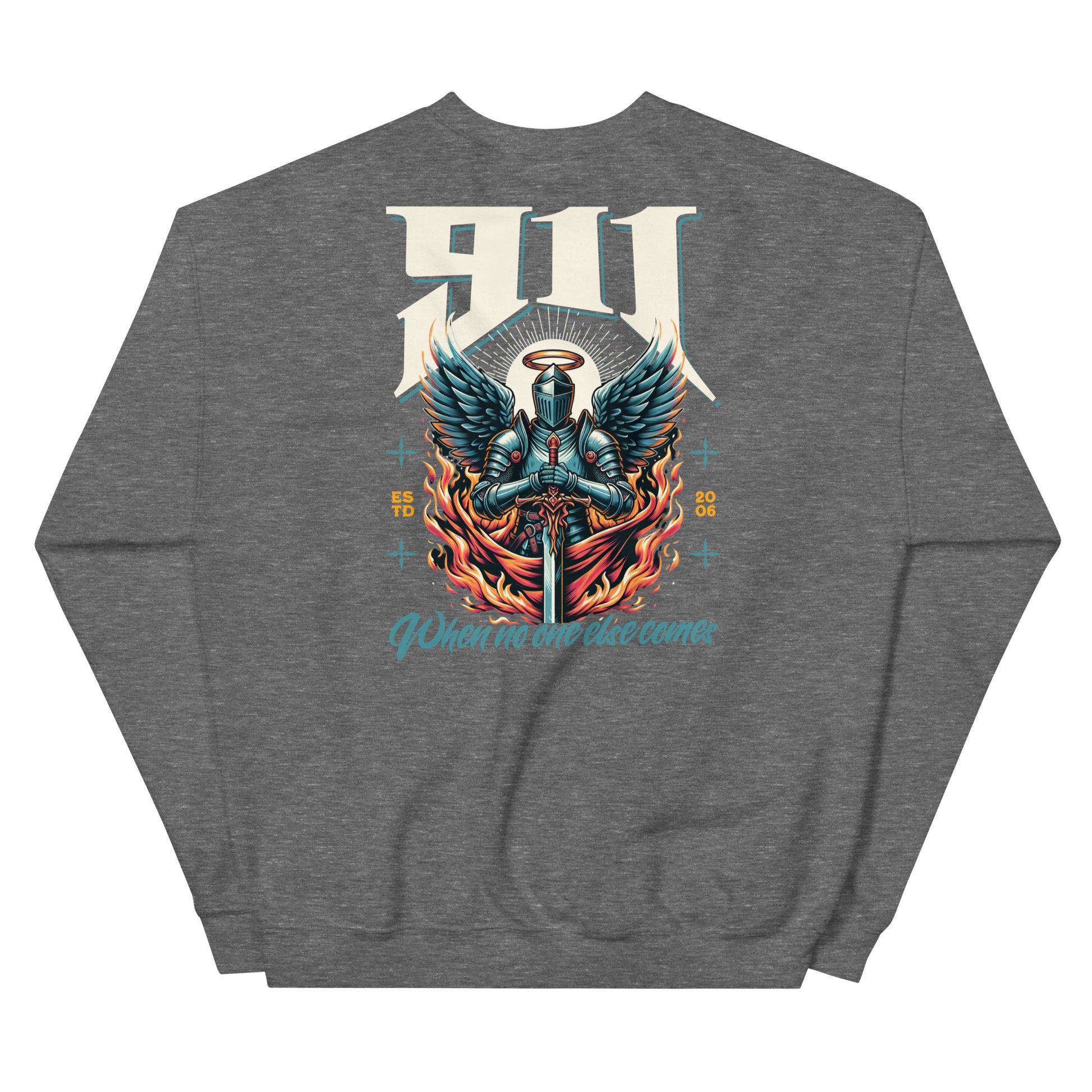 Gray sweatshirt with a colorful graphic design on the back featuring a knight with wings and text.