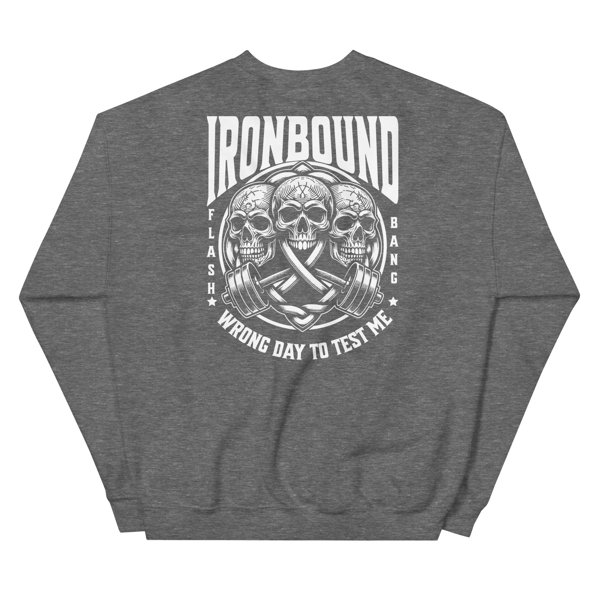 Gray sweatshirt with skull and barbell graphic and 'Ironbound' text on a white background