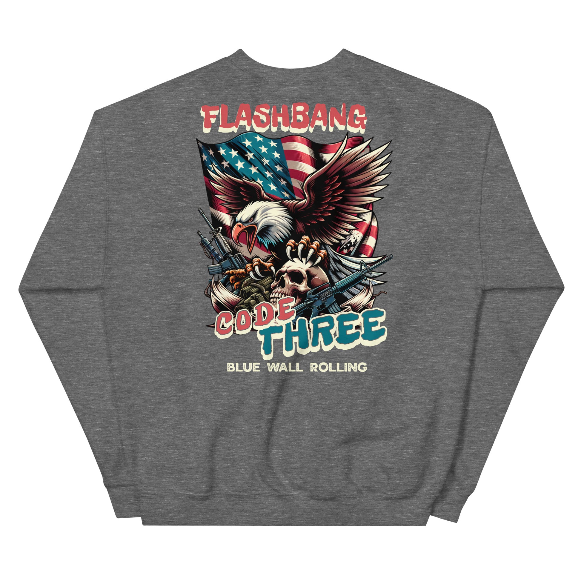 Gray sweatshirt with a graphic design featuring an eagle, American flag, and text on the back.