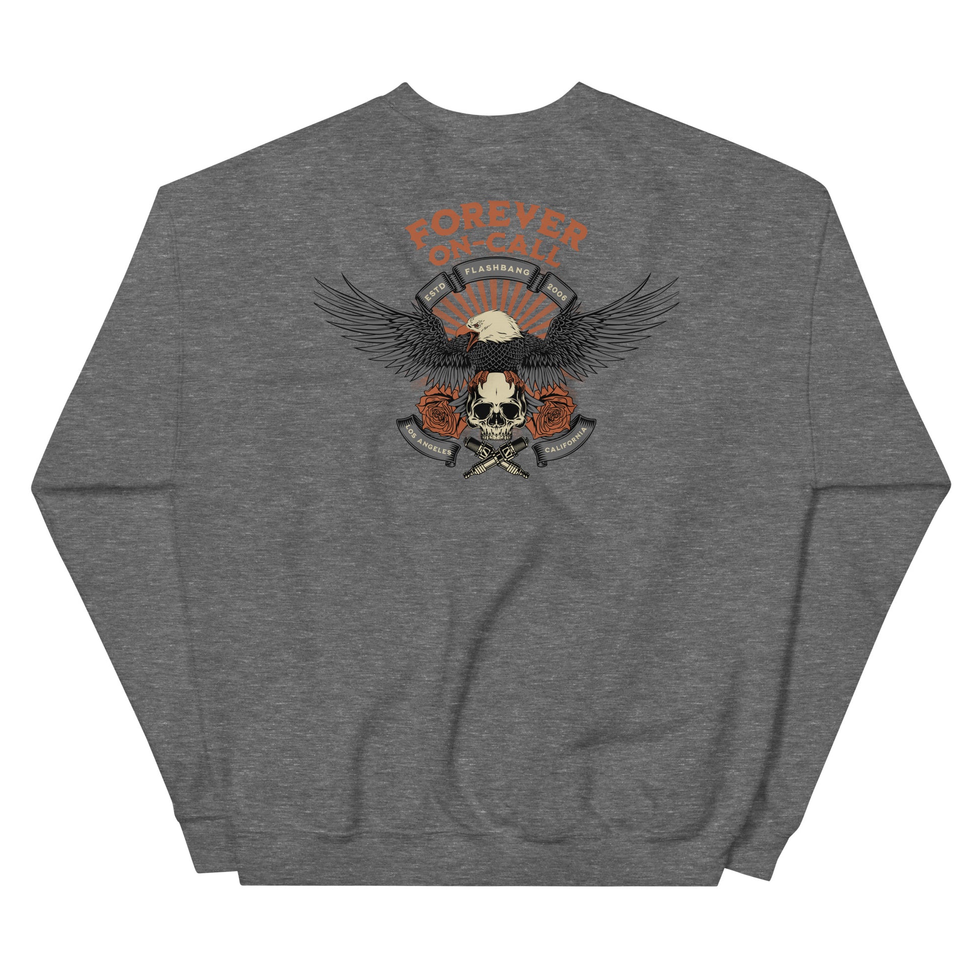 Gray sweatshirt with a skull and eagle design on the back against a white background