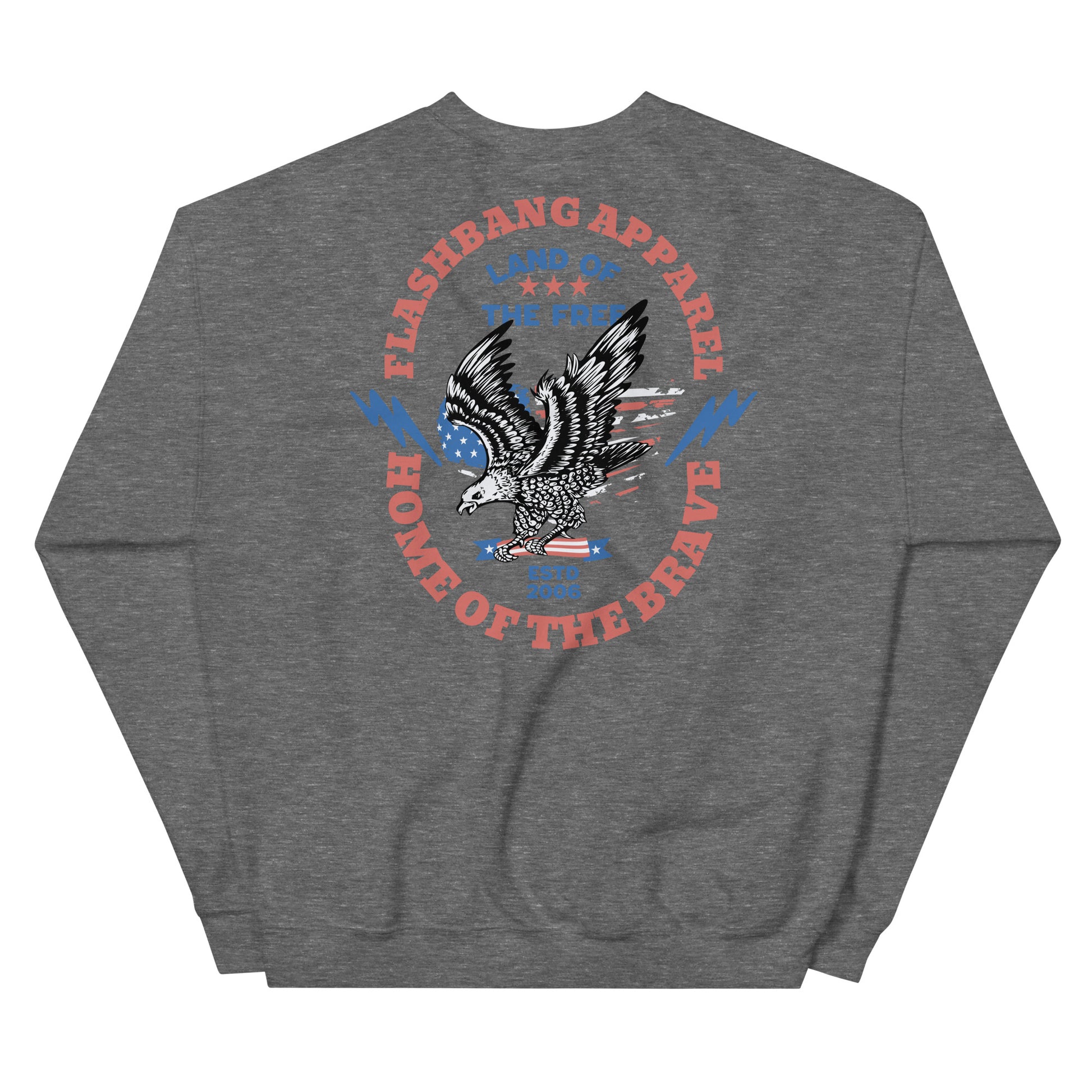 Gray sweatshirt with an eagle design and text on the back against a white background