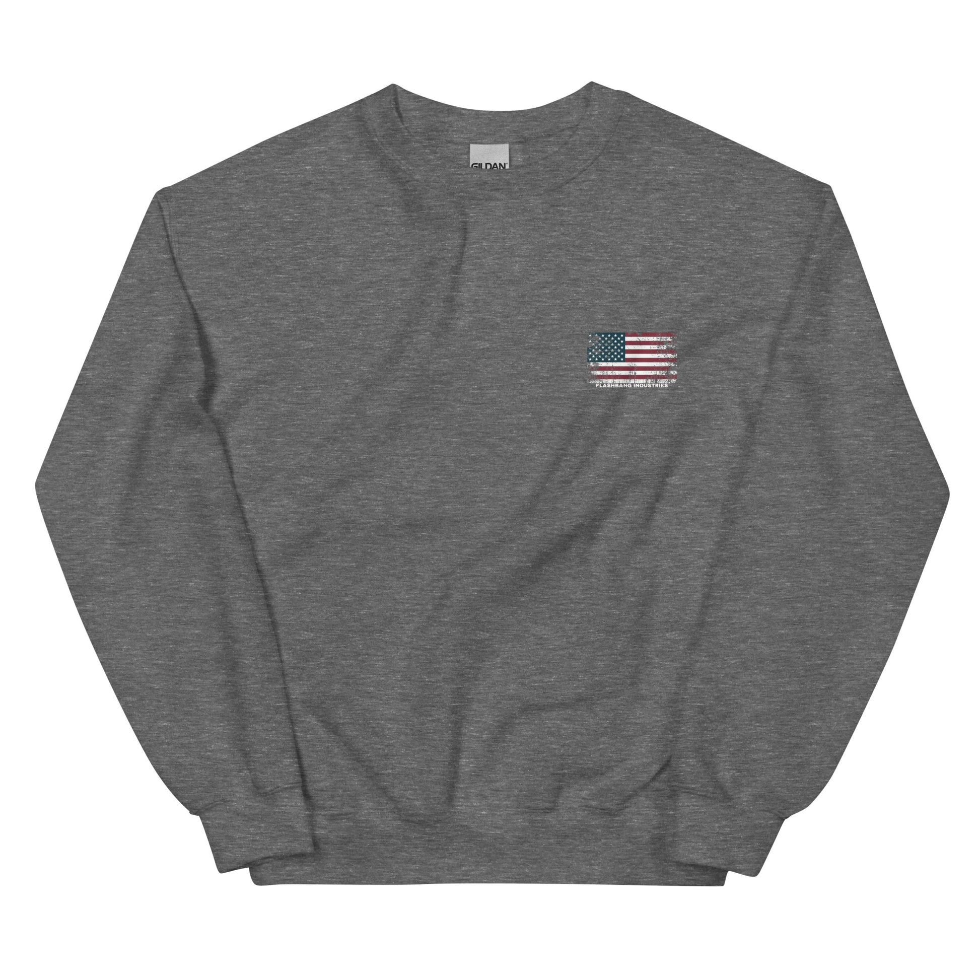 Gray sweatshirt with an American flag patch on a white background