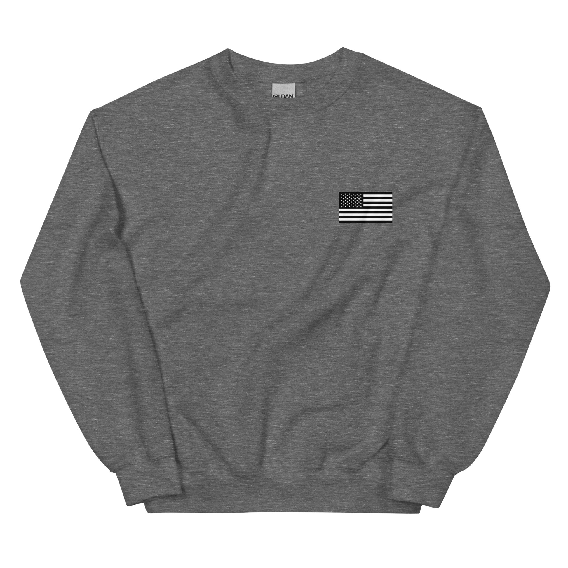 Gray sweatshirt with a small American flag patch on a white background