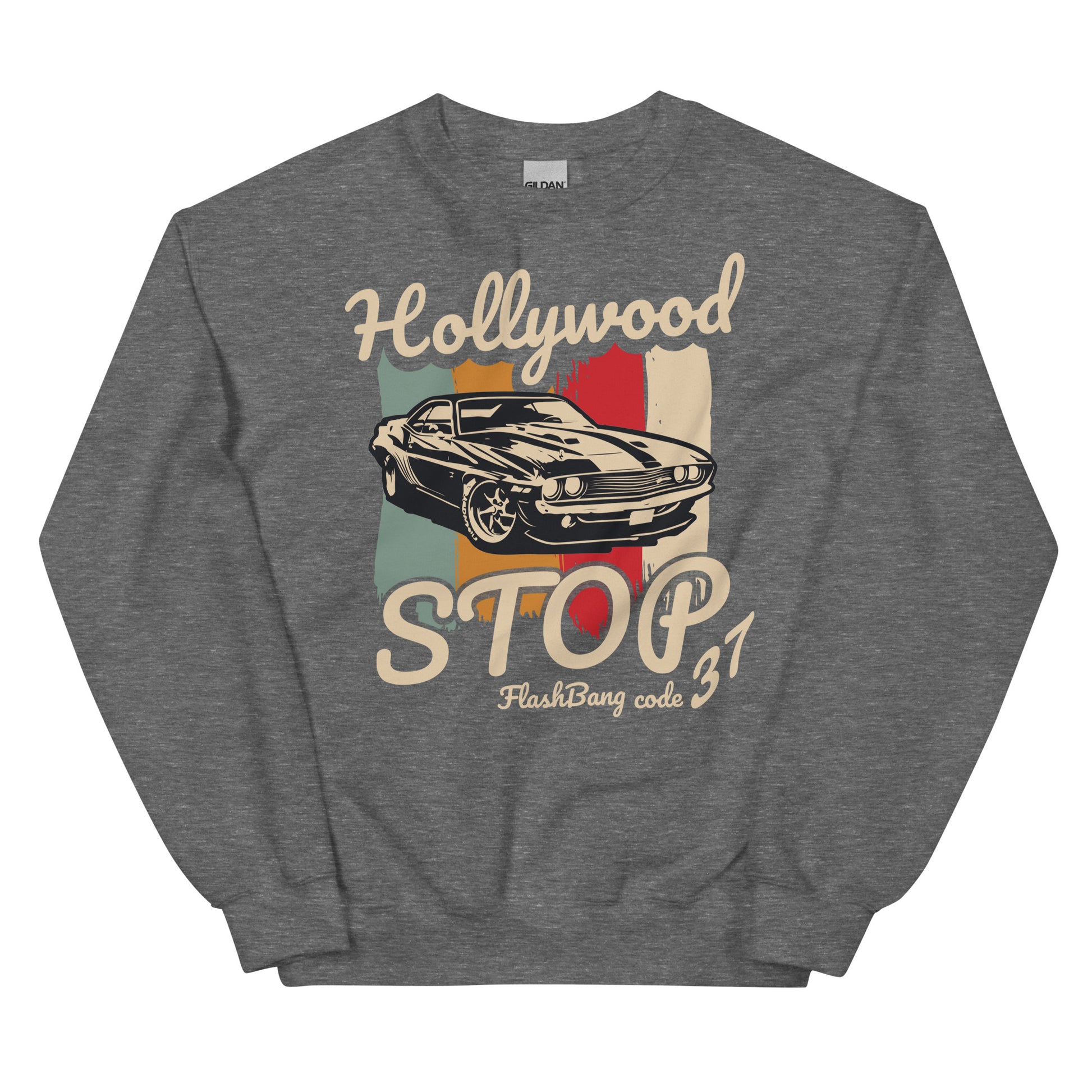 Gray sweatshirt with a vintage car graphic and text on a white background