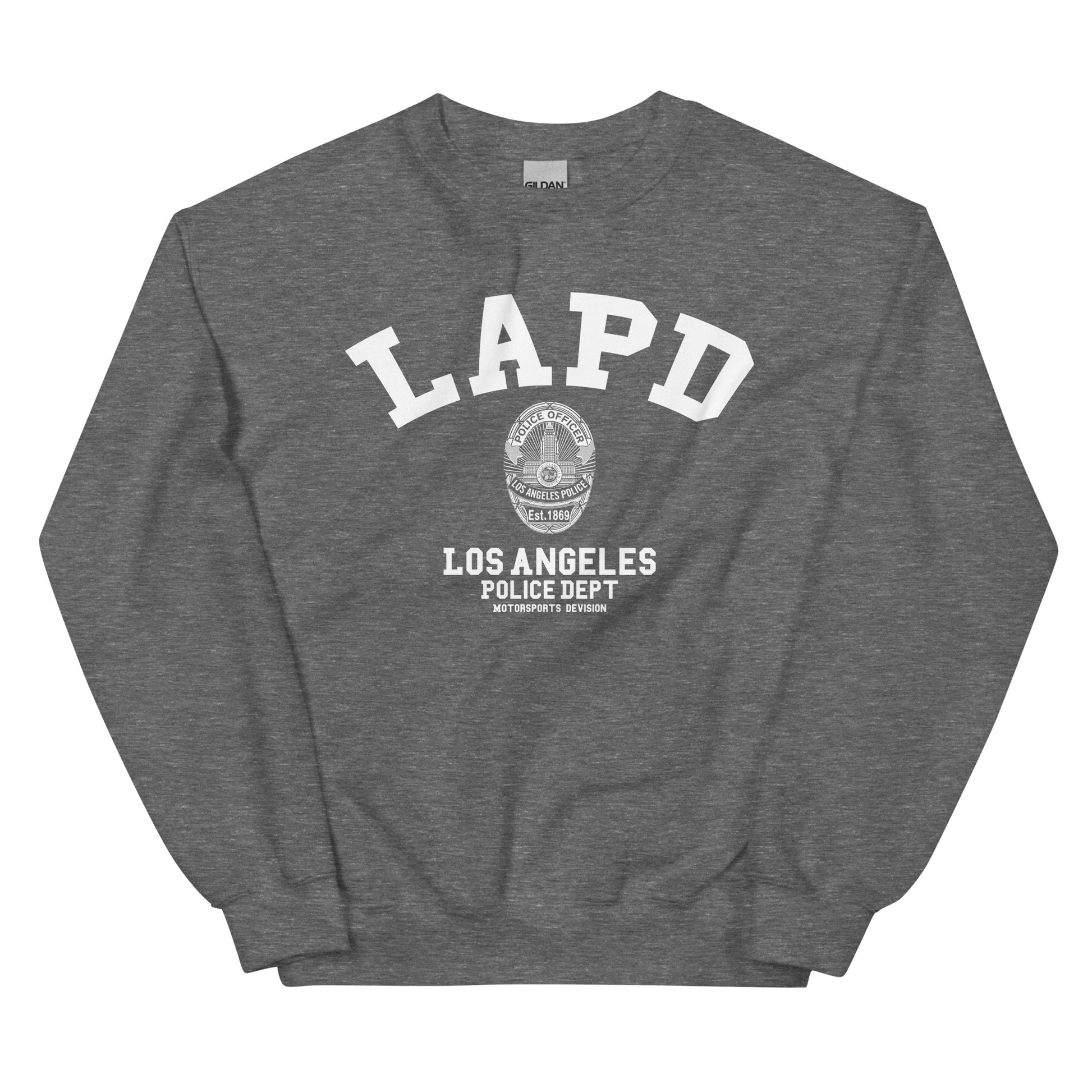 Gray sweatshirt with LAPD Los Angeles Police Dept logo on a white background