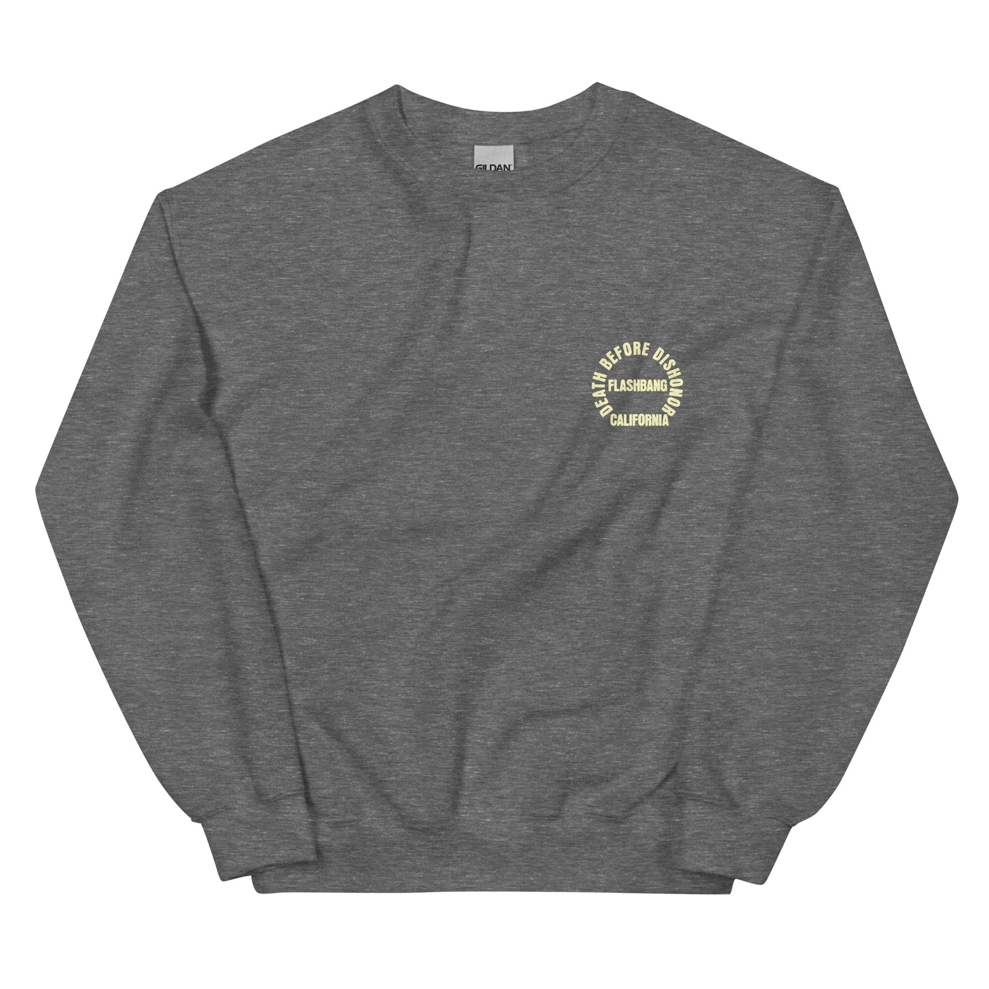 Gray sweatshirt with yellow text on a white background