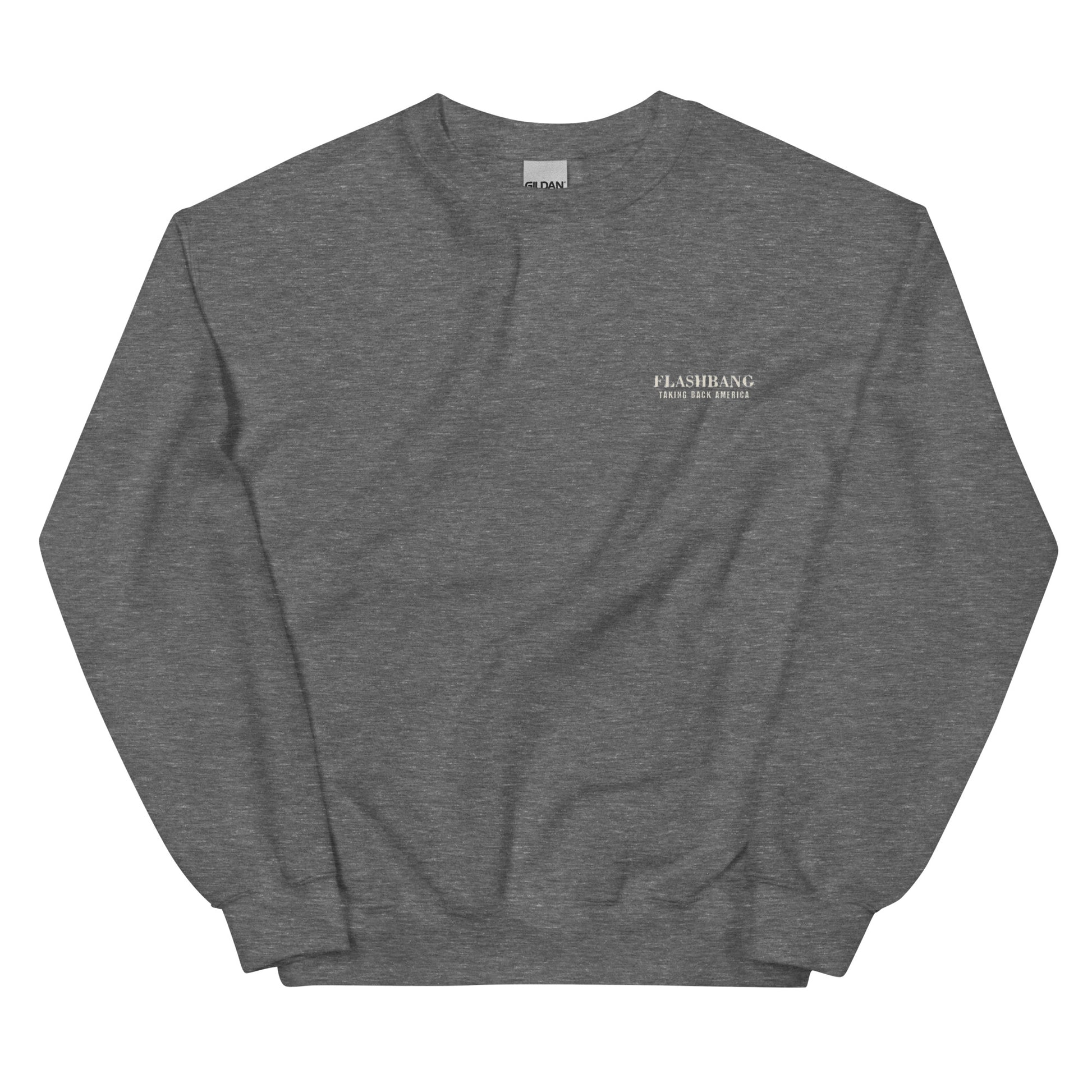 Gray sweatshirt with a small logo on a white background