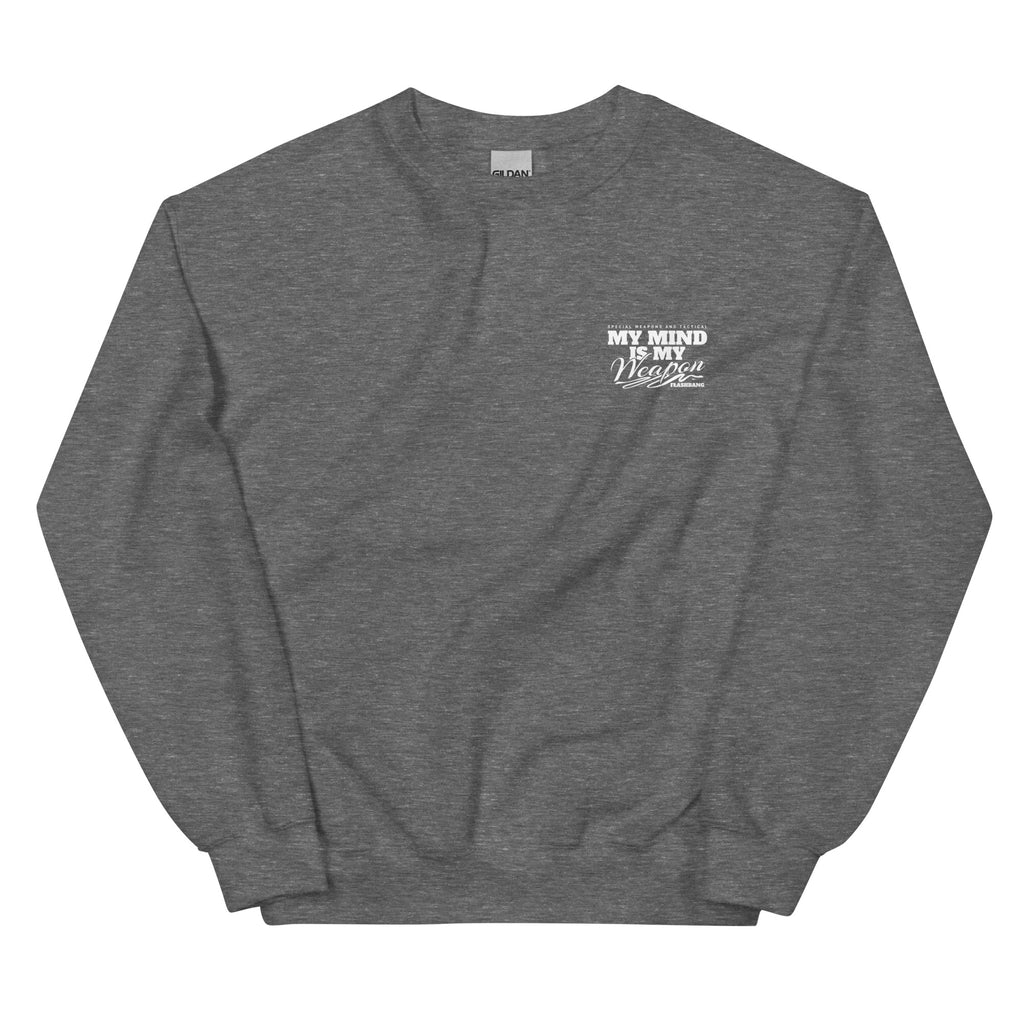 Gray sweatshirt with white text on a white background