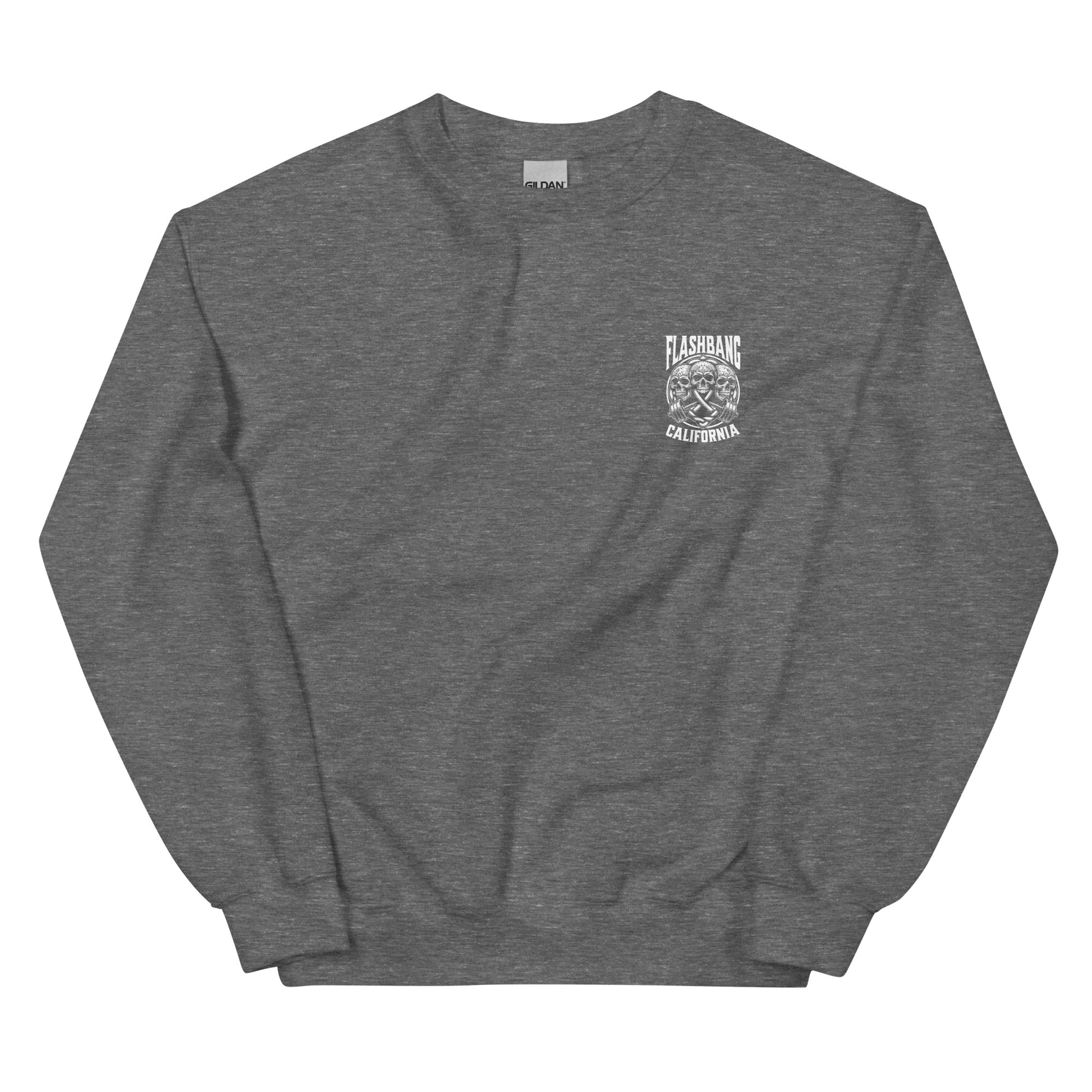 Gray sweatshirt with a logo on the chest against a white background
