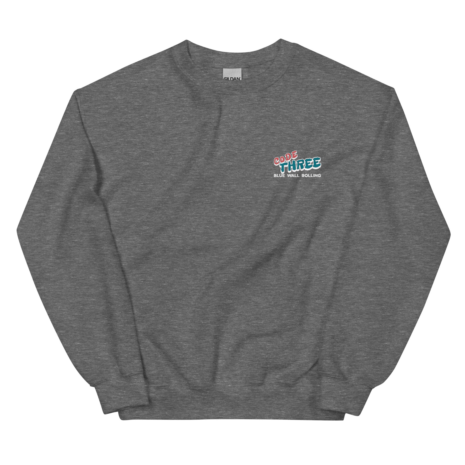 Gray sweatshirt with a logo on the chest against a white background