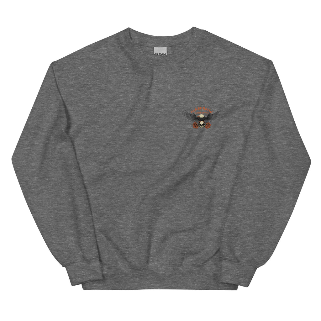 Gray sweatshirt with a small logo on the chest against a white background