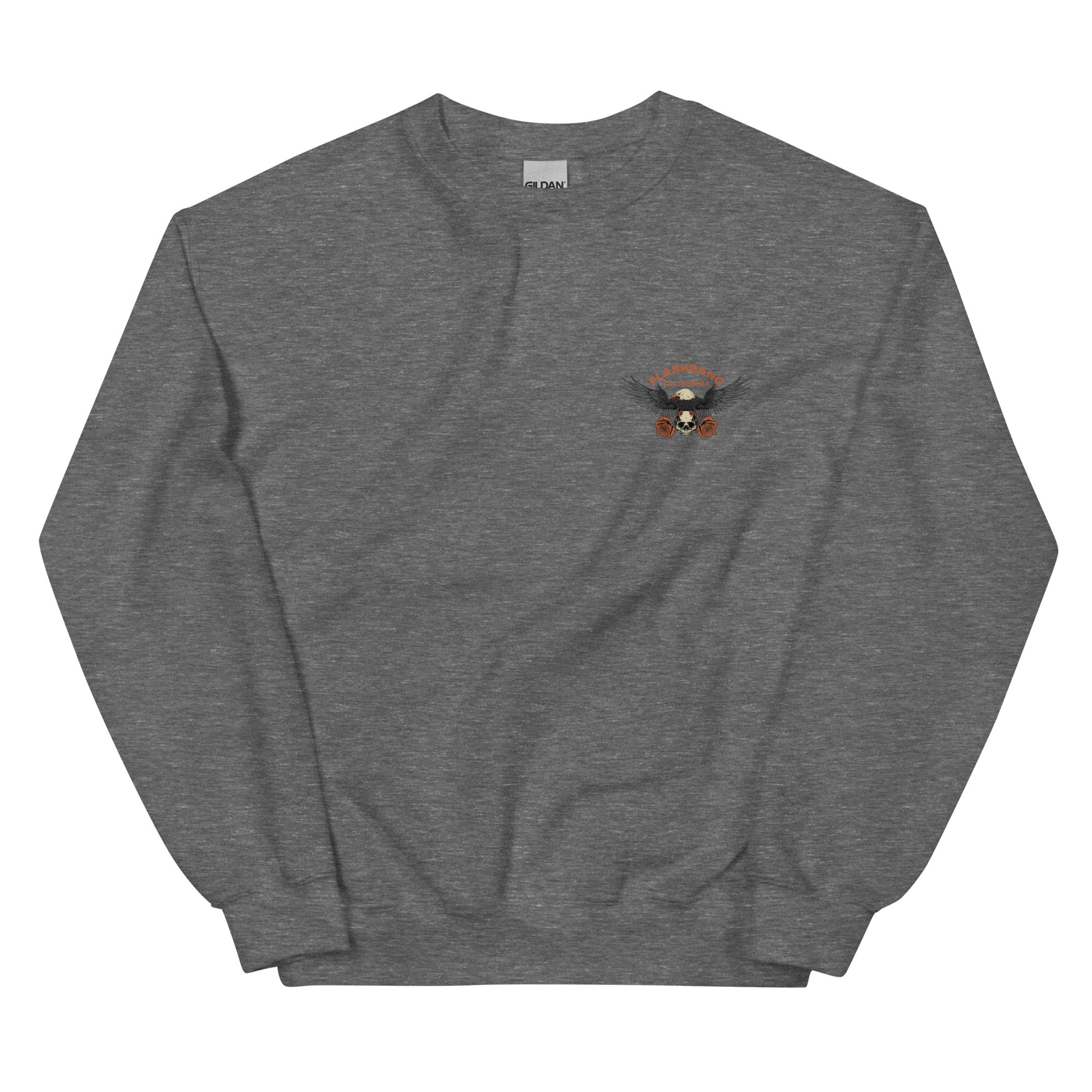 Gray sweatshirt with a small logo on the chest against a white background