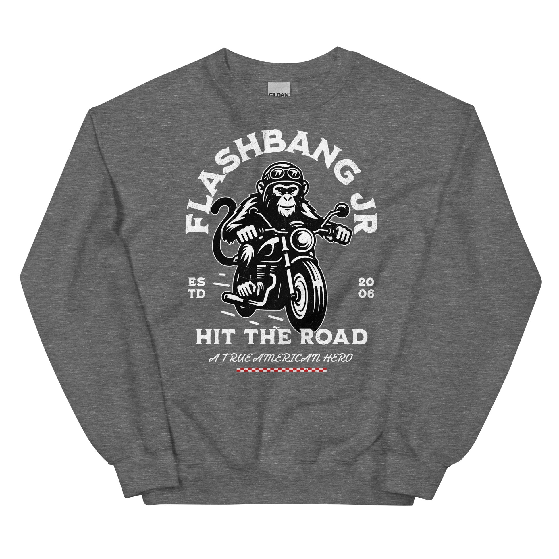Gray sweatshirt with a monkey on a motorcycle graphic and text on a white background