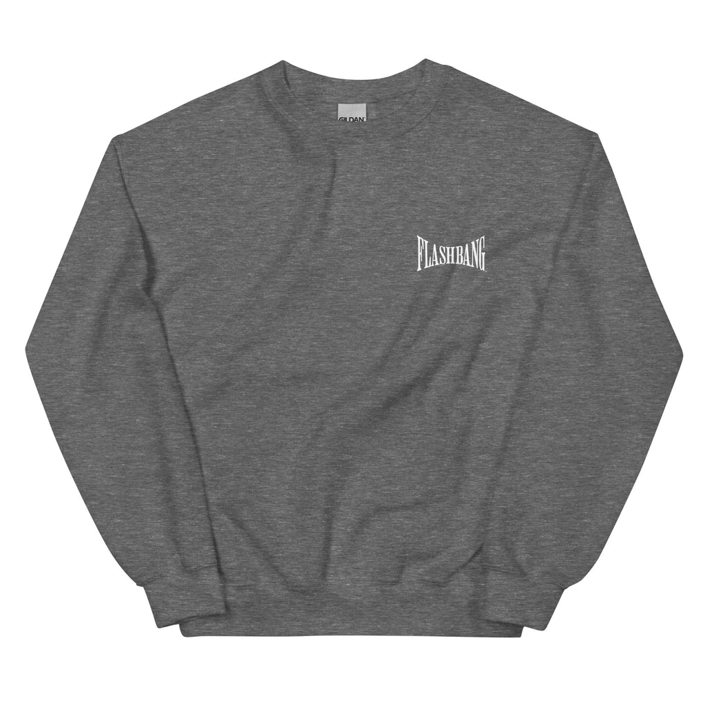 Gray sweatshirt with 'Flashbang' logo on a white background