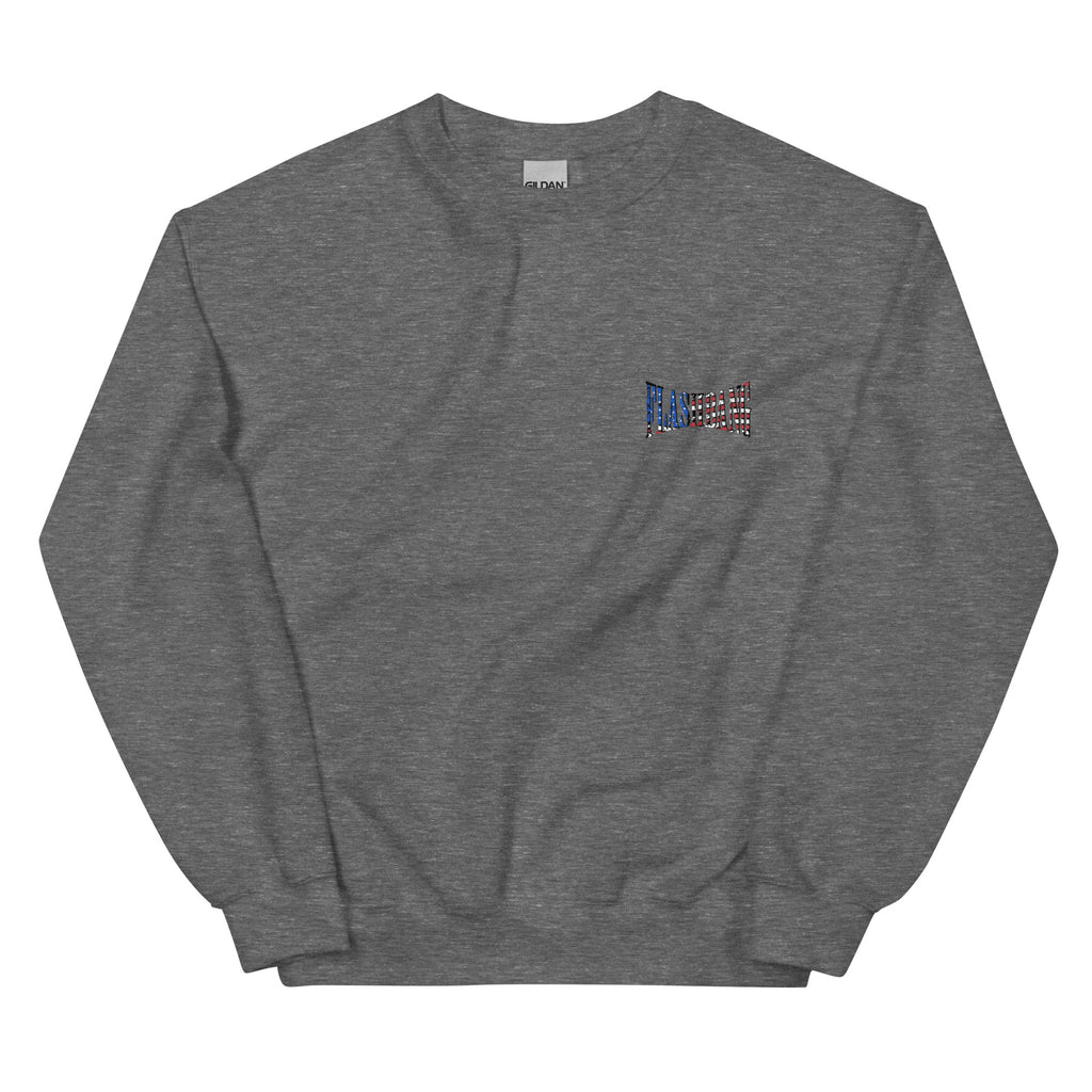 Gray sweatshirt with a small colorful flag design on a white background
