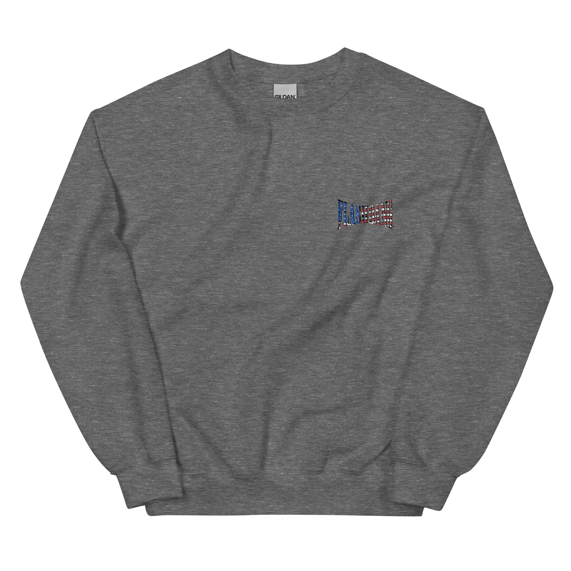 Gray sweatshirt with a small colorful flag design on a white background