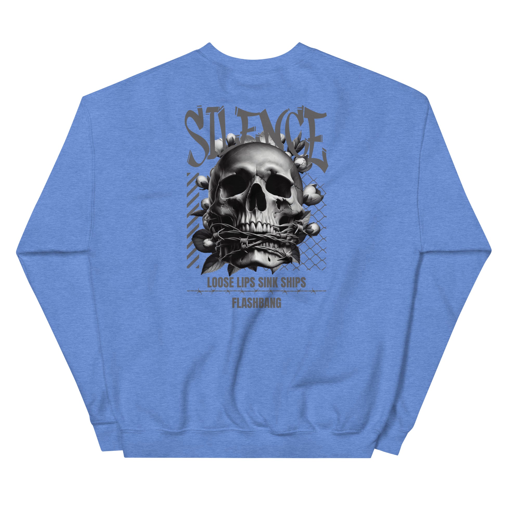 Blue sweatshirt with a skull graphic and text on the back against a white background