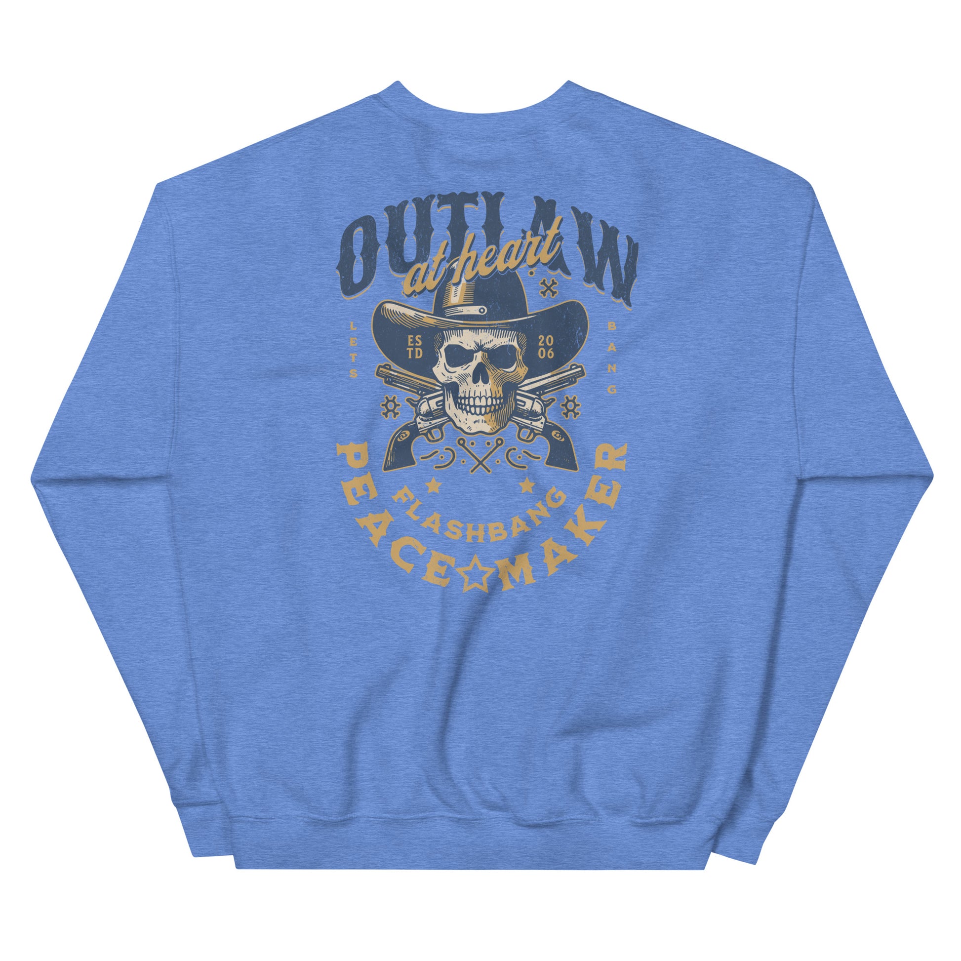 Blue sweatshirt with a skull and crossbones design on the back, featuring text and graphics.