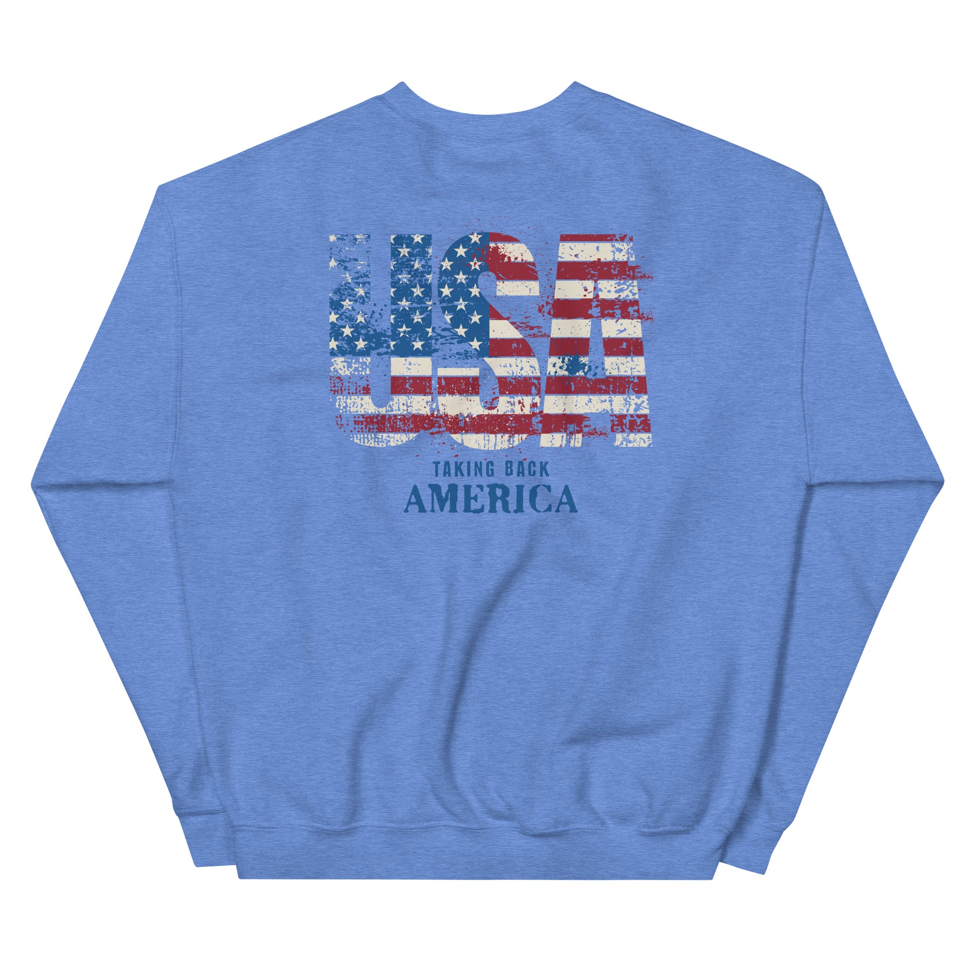 Blue sweatshirt with American flag design and text on a white background
