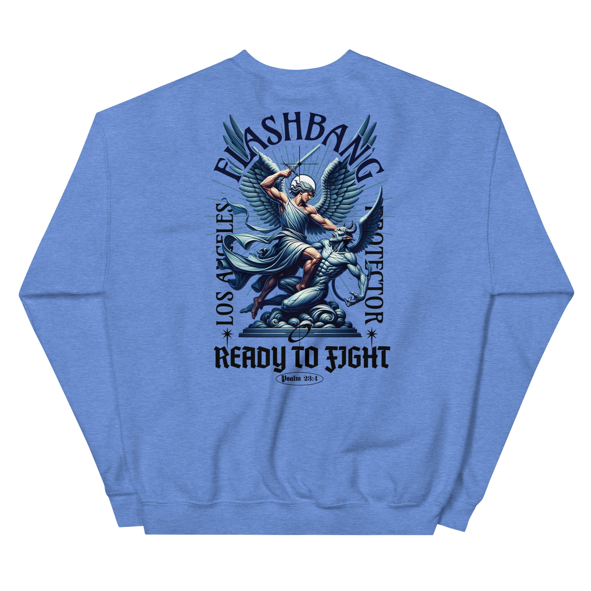 Blue sweatshirt with graphic design on the back featuring text and an angel-like figure.