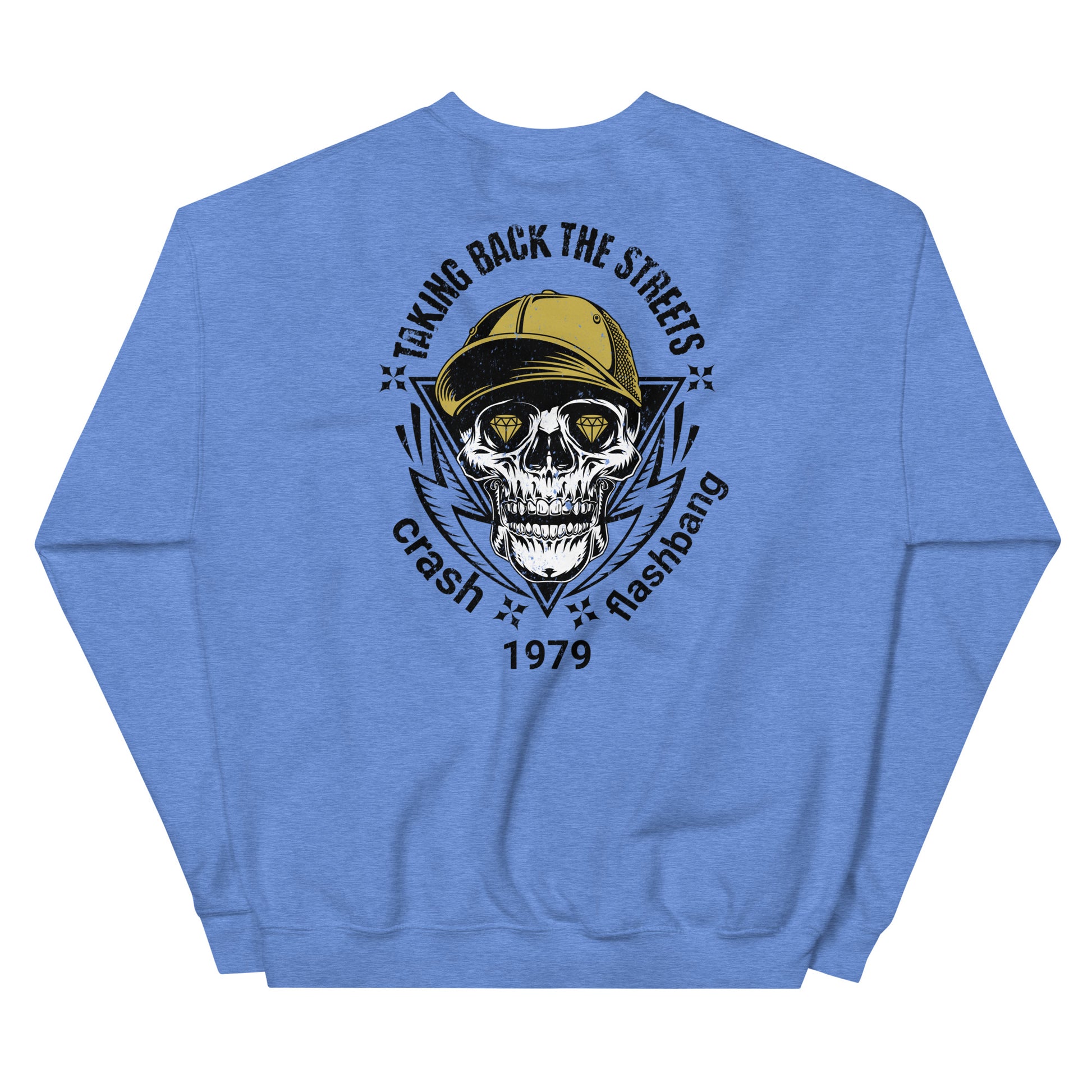 Blue sweatshirt with a skull graphic and text on the back against a white background