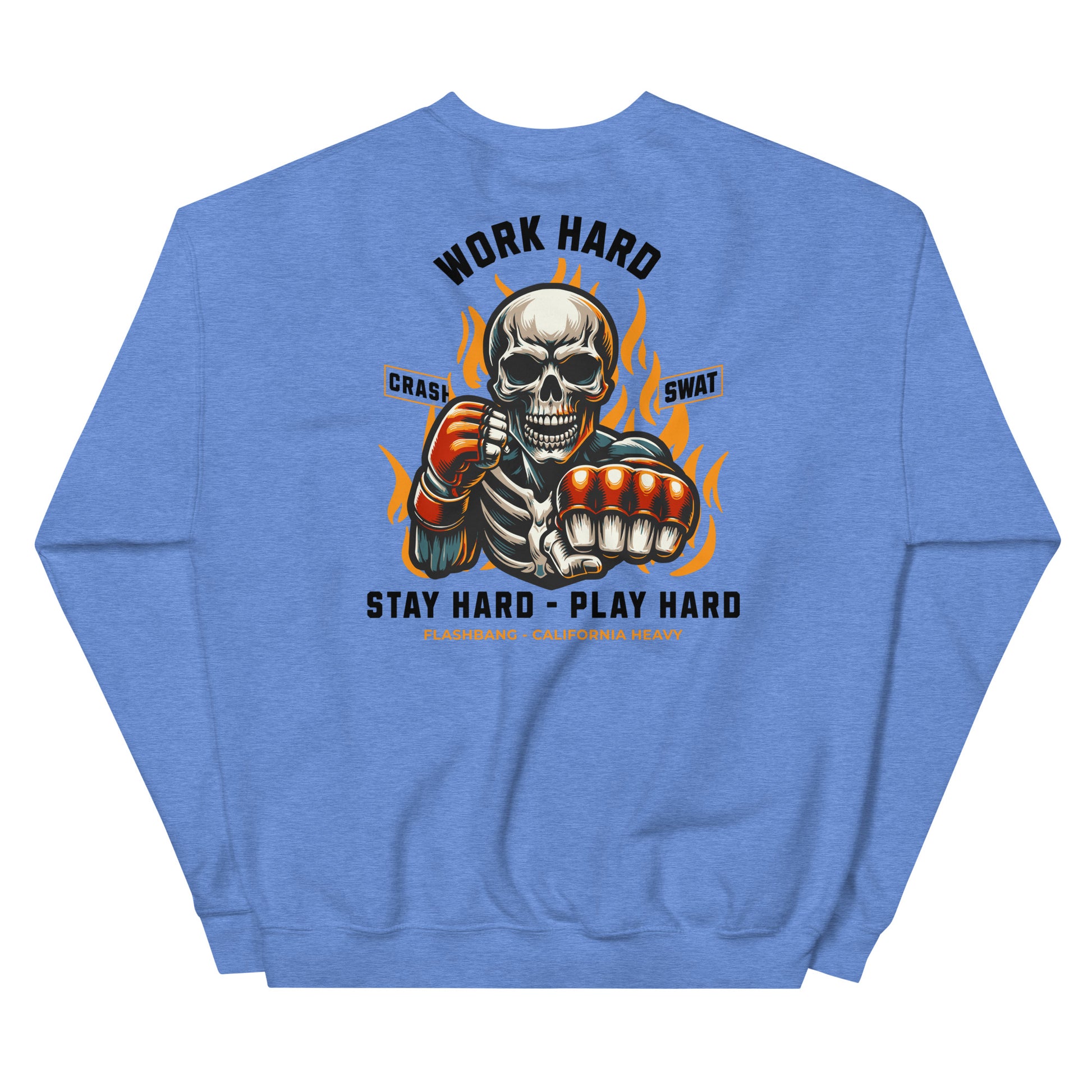 Blue sweatshirt with a graphic design of a skull and text on the back