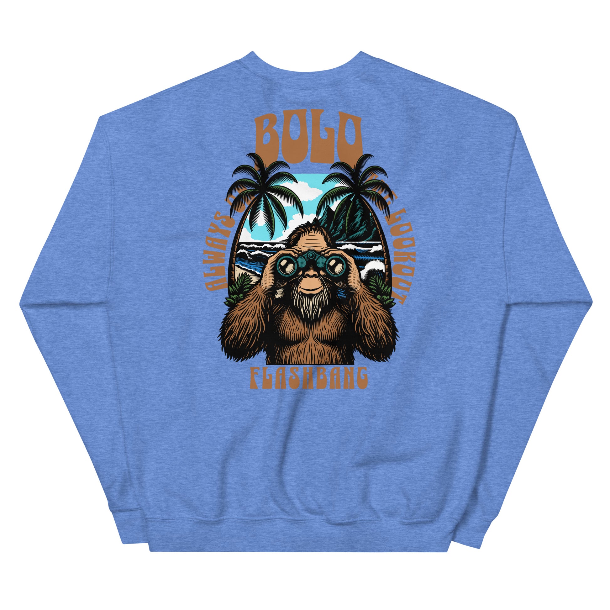 Blue sweatshirt with a graphic of a bear wearing binoculars and palm trees, with 'Bolo' branding.
