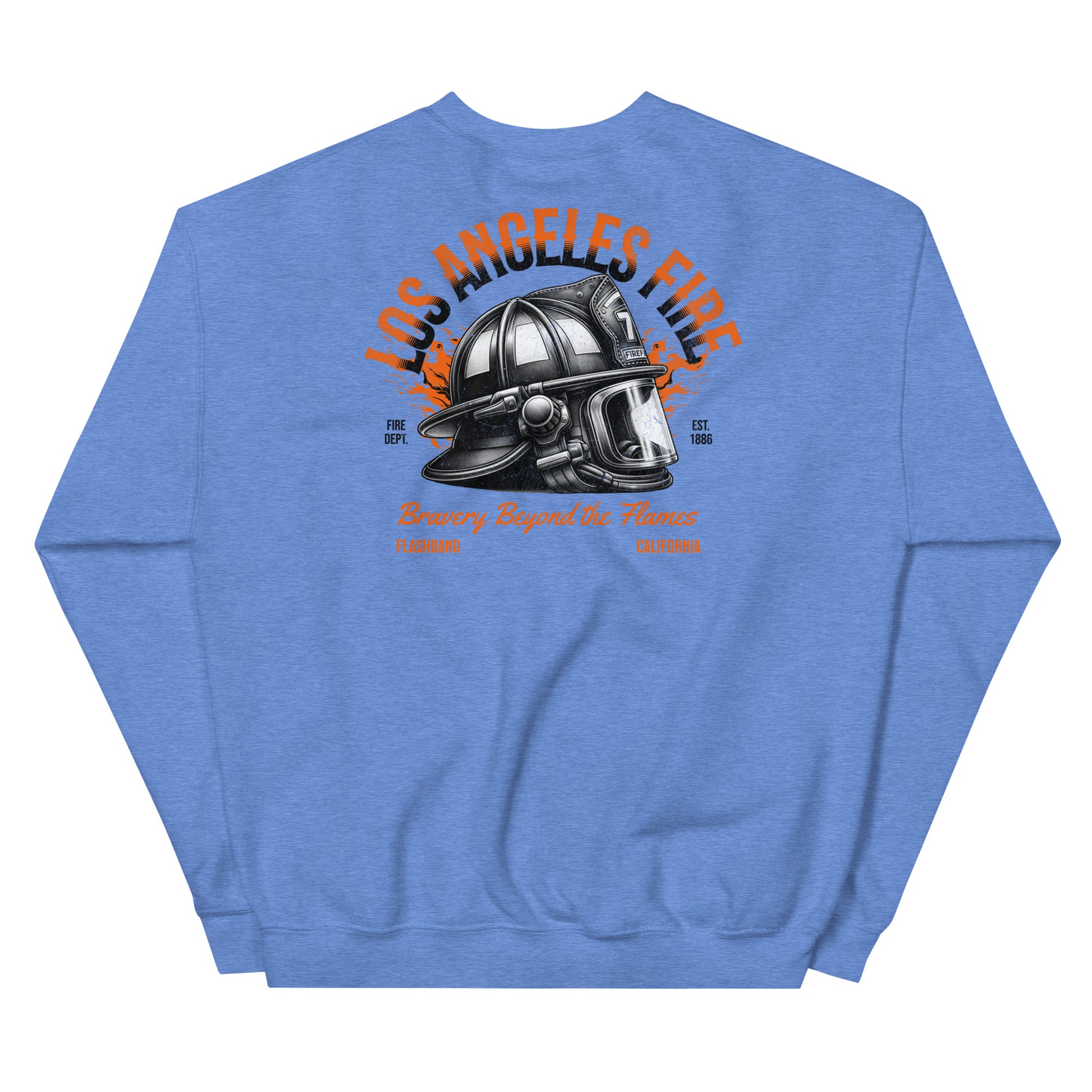 Blue sweatshirt with a fire helmet graphic and 'Los Angeles Fire' text on the back.