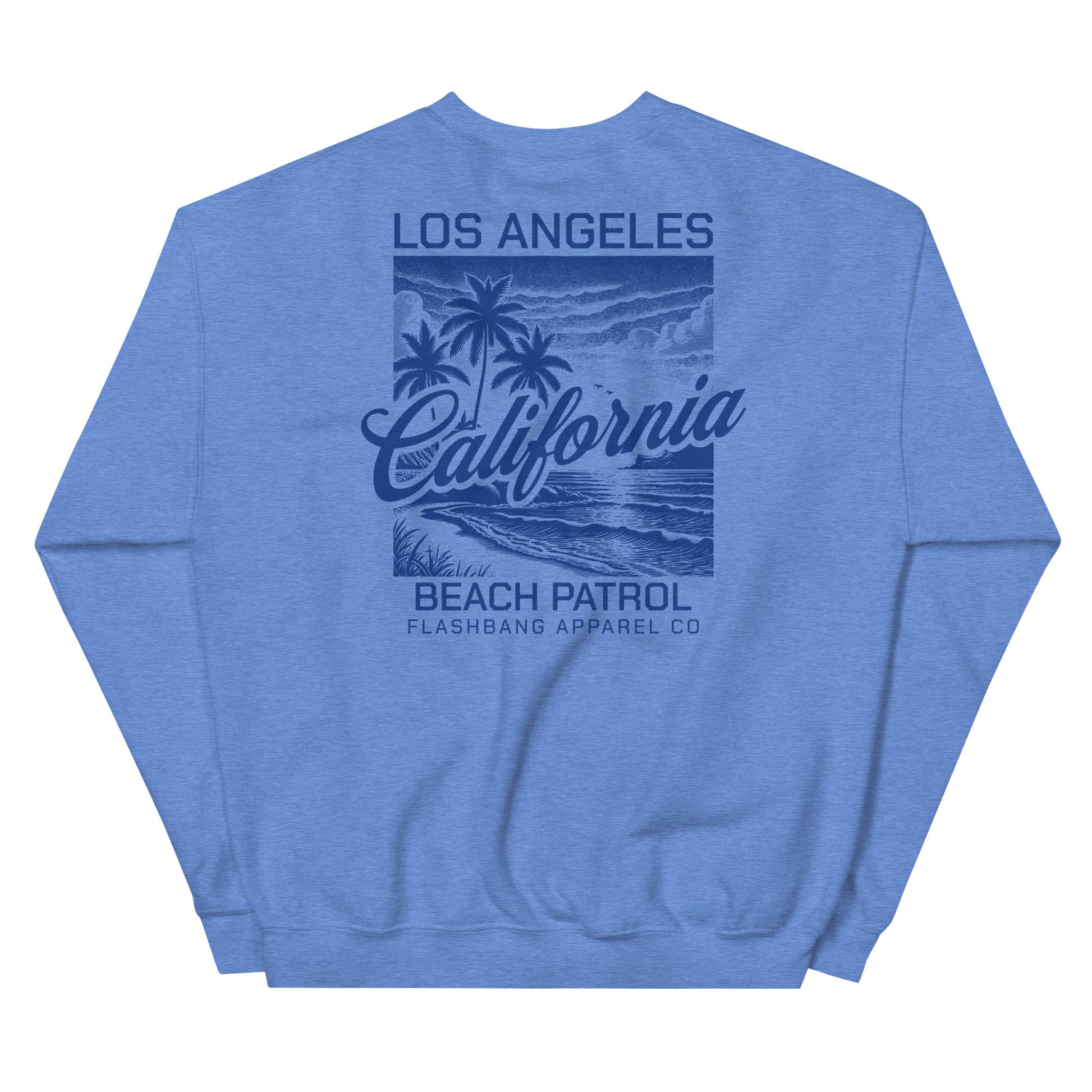 Blue sweatshirt with 'Los Angeles California Beach Patrol' design on a white background