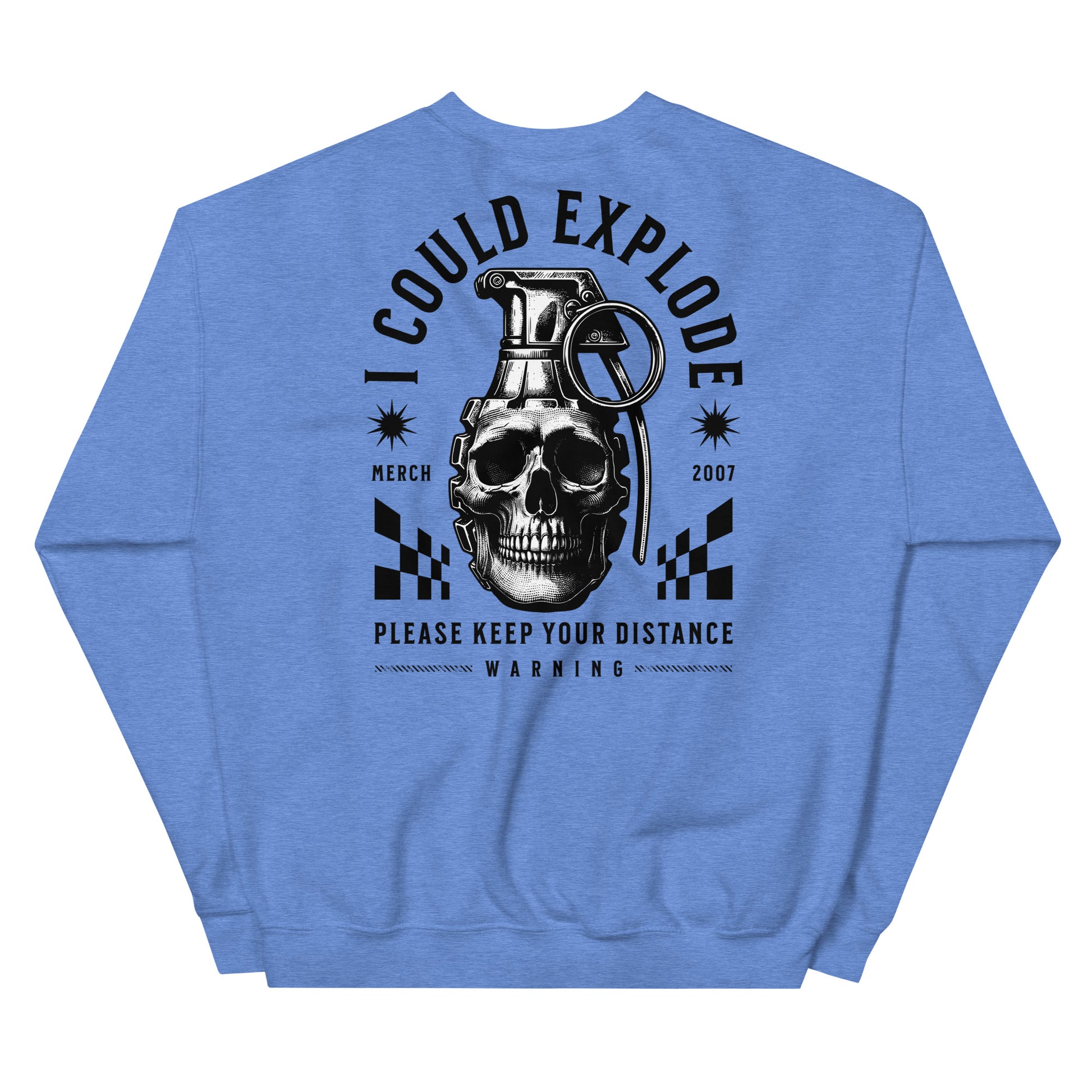 Blue sweatshirt with a graphic design featuring a skull and grenade on the back, on a white background.